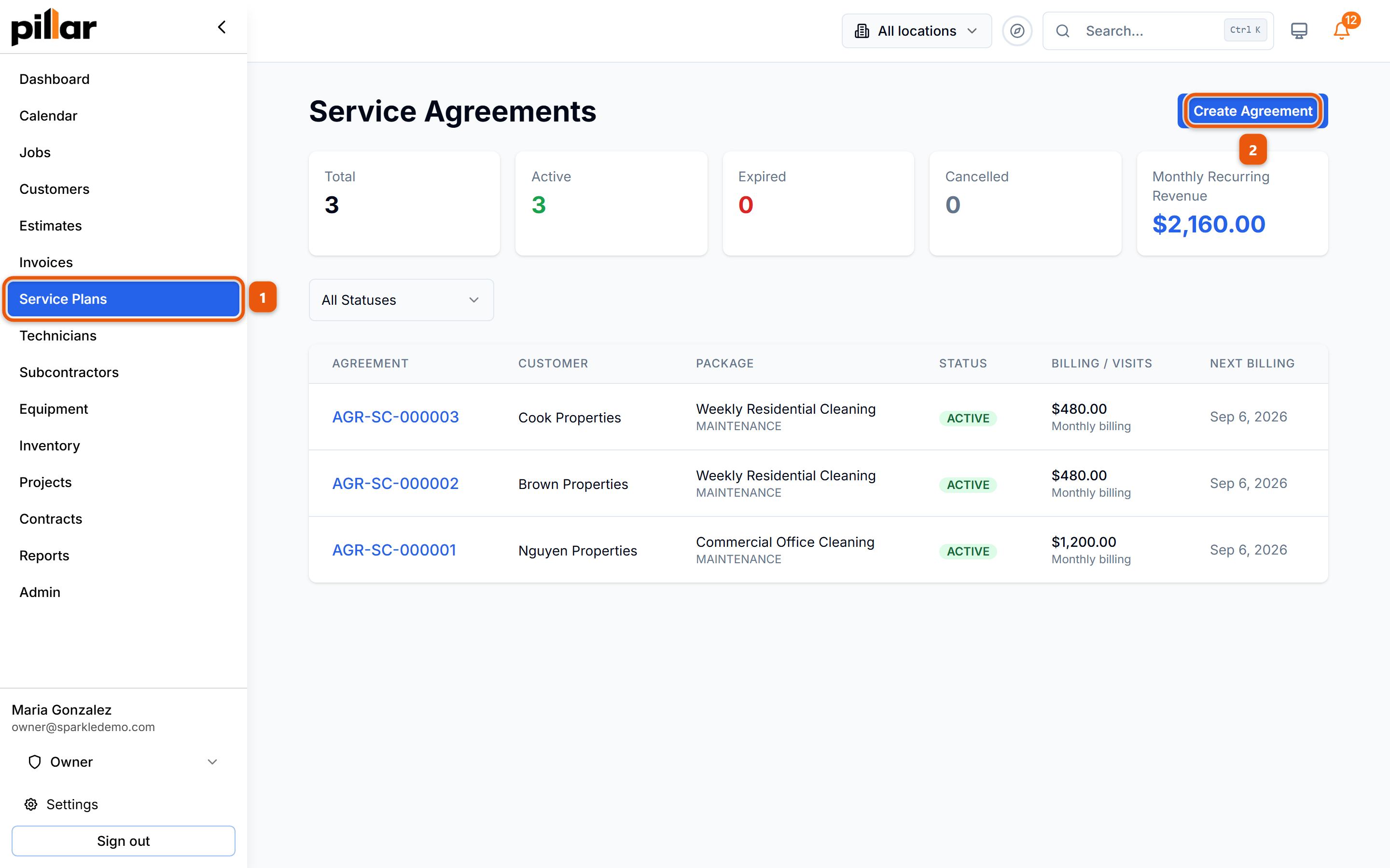The Service Agreements list with the Service Plans sidebar item and the Create Agreement button numbered