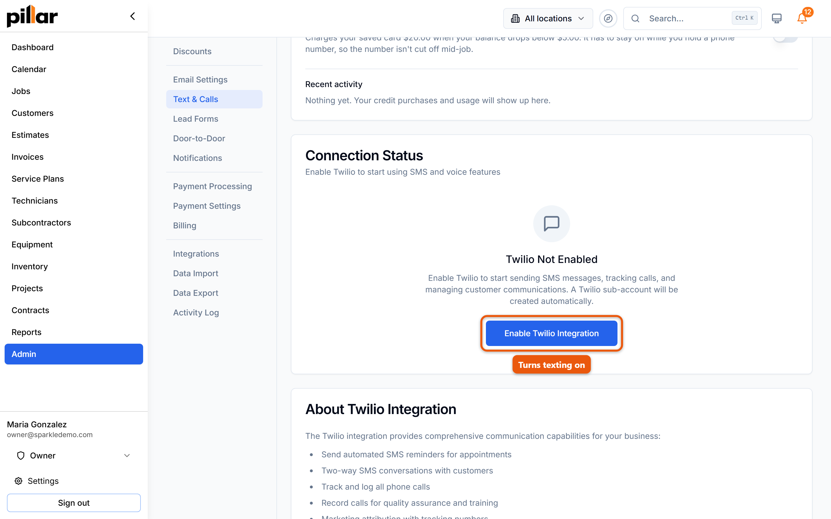 The Connection Status card on the Text and Calls page, not yet enabled, with the Enable Twilio Integration button highlighted
