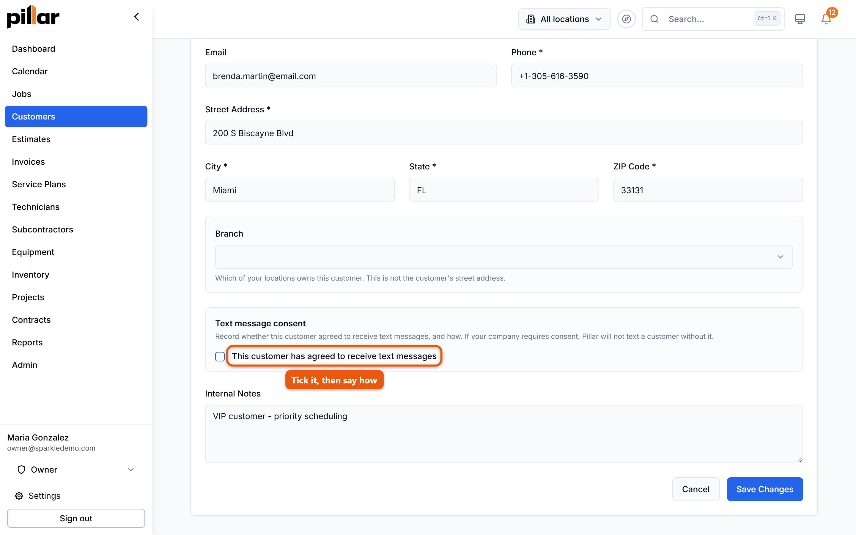 The Text message consent section of the customer edit form, with the consent checkbox highlighted