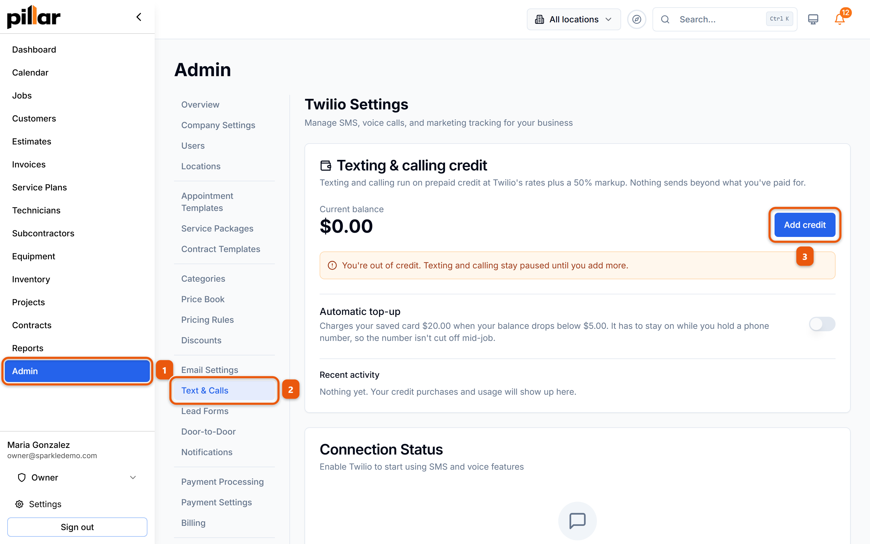 The Text and Calls admin page with the click path numbered: Admin in the sidebar, Text and Calls in the admin menu, then the Add credit button on the credit card