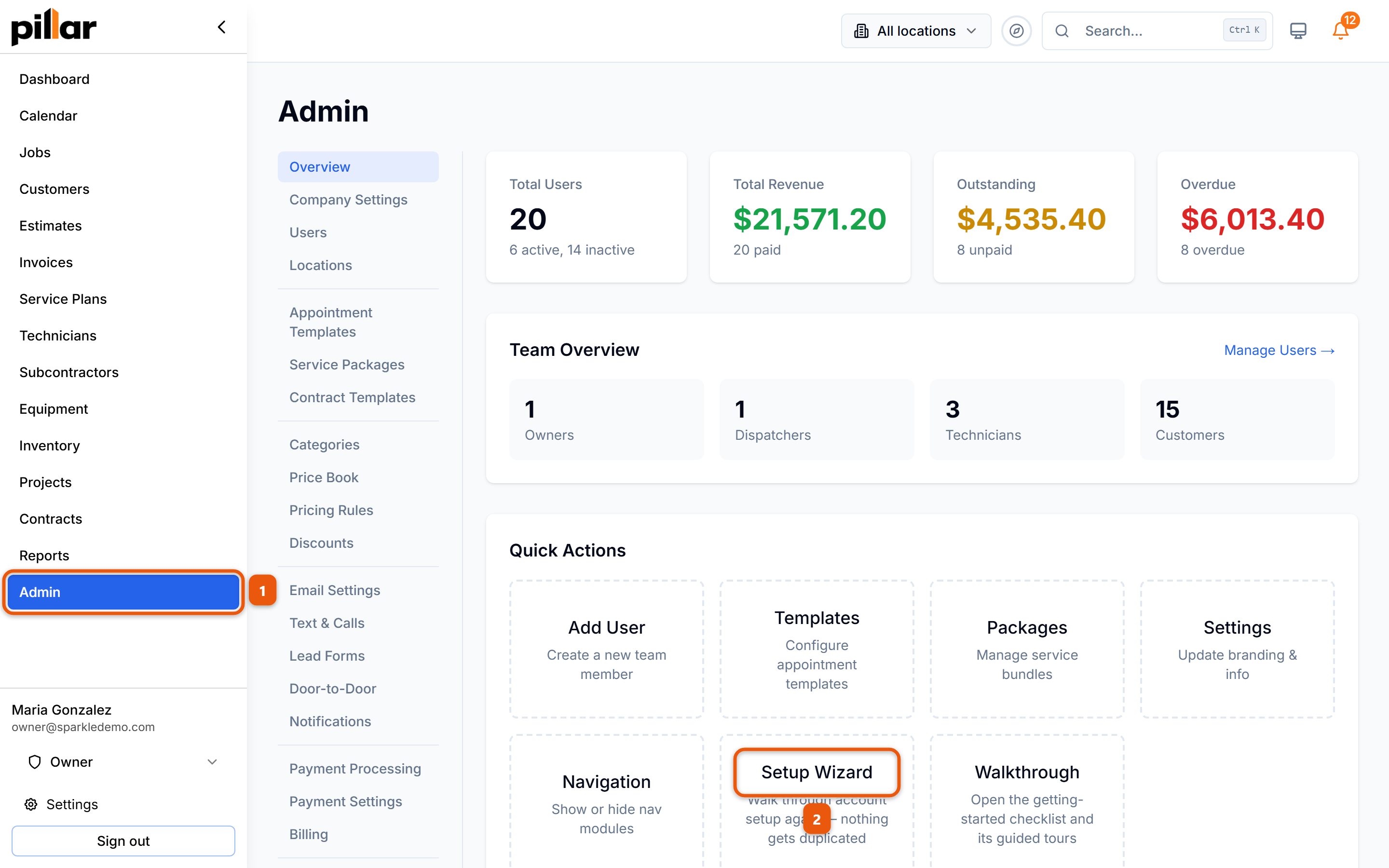 The admin overview with the click path numbered: Admin in the left sidebar, then the Setup Wizard tile in the Quick Actions grid