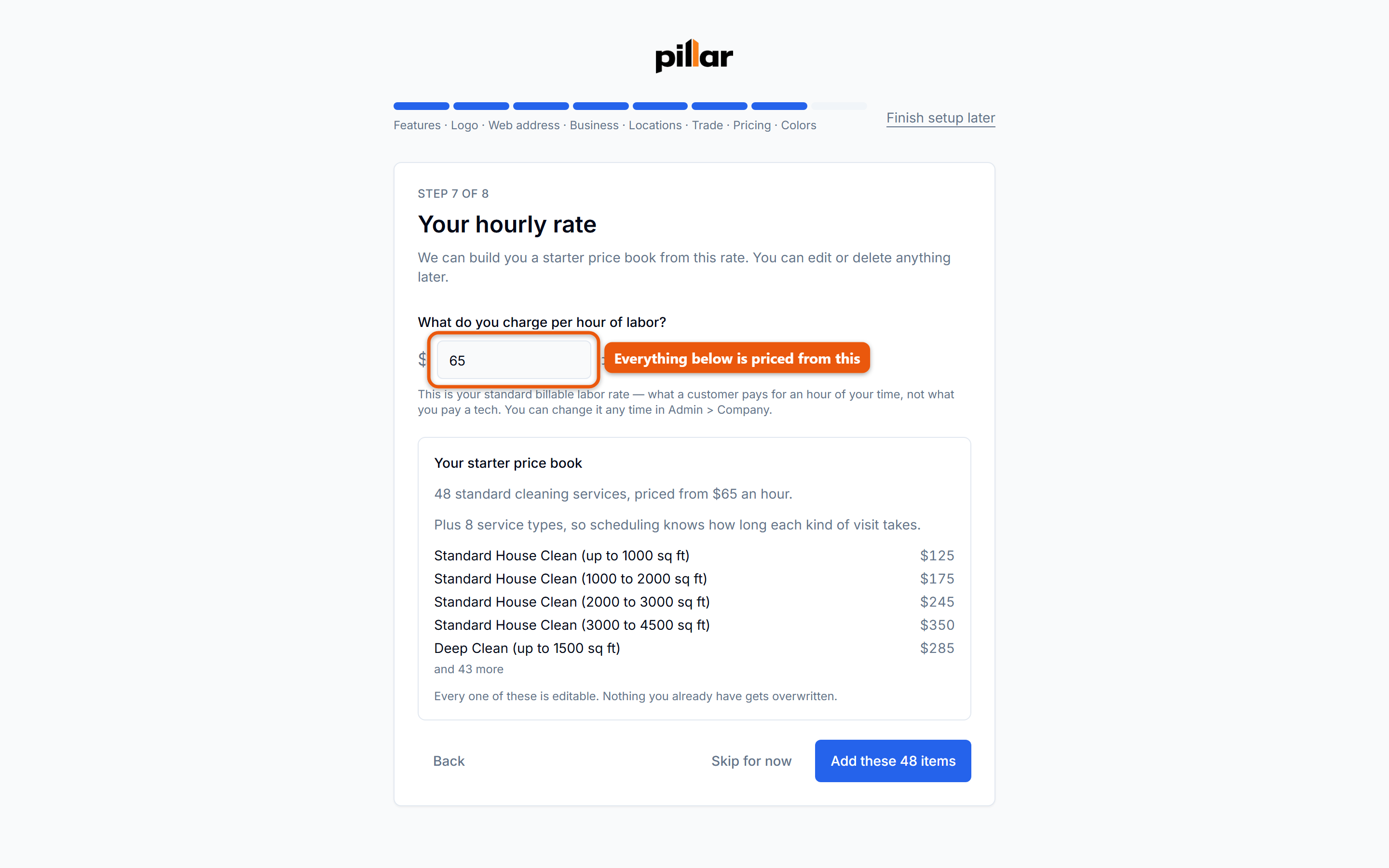 Step 7 of 8 of the setup wizard, Your hourly rate, with the rate field labeled and the starter price book panel listing services and prices underneath
