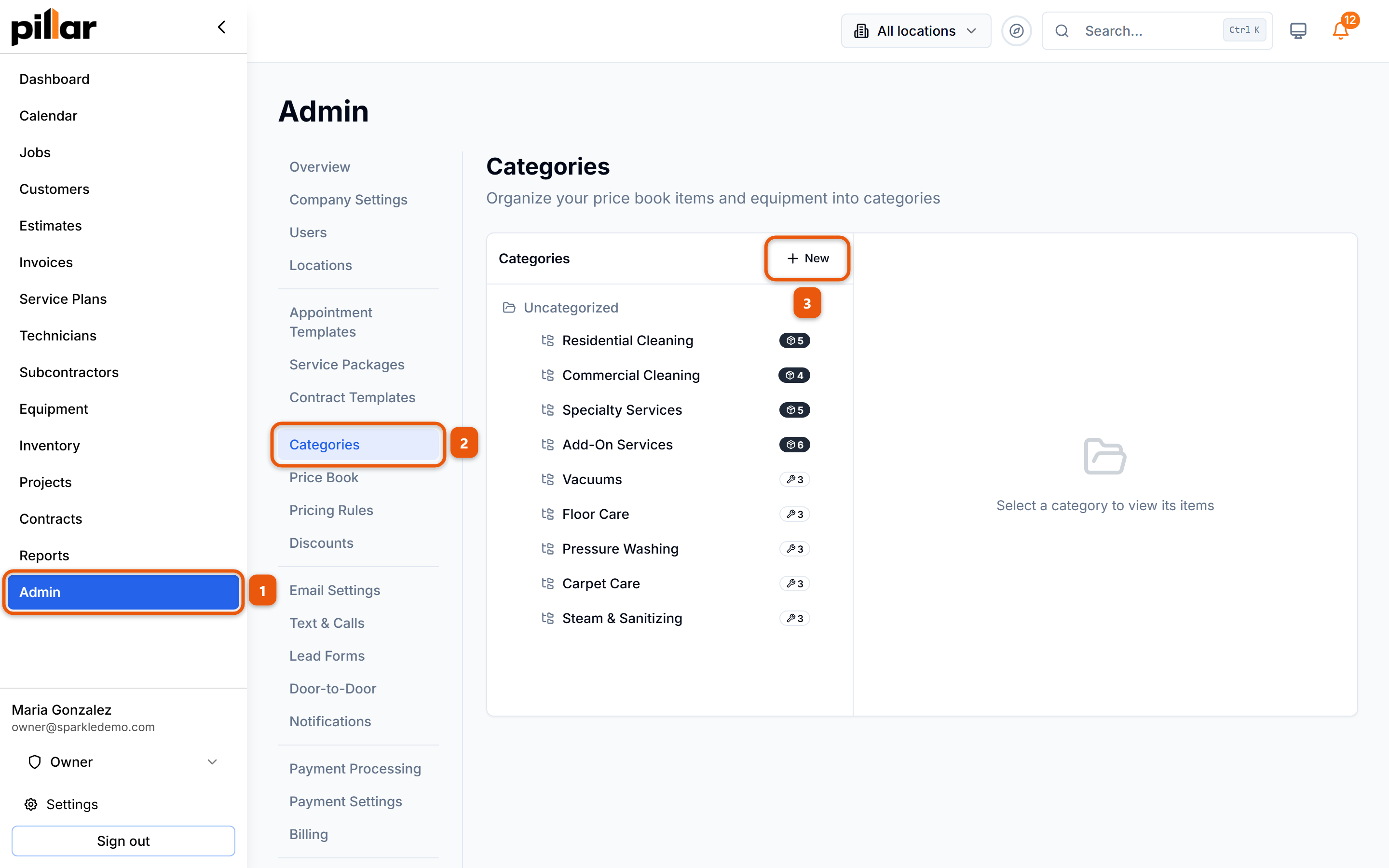The Categories page with the click path numbered: Admin in the sidebar, Categories in the admin menu, then the New button in the category tree header