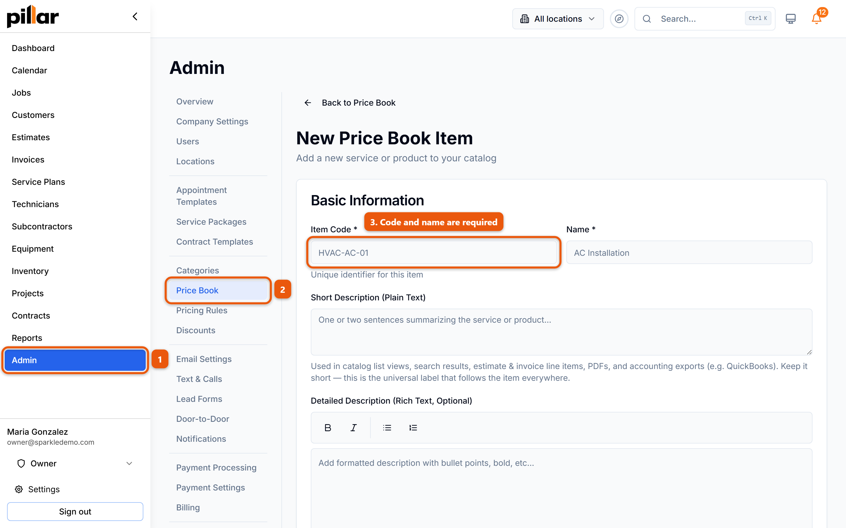 The New Price Book Item form with Admin and Price Book numbered in the sidebar and the Item Code field numbered 3
