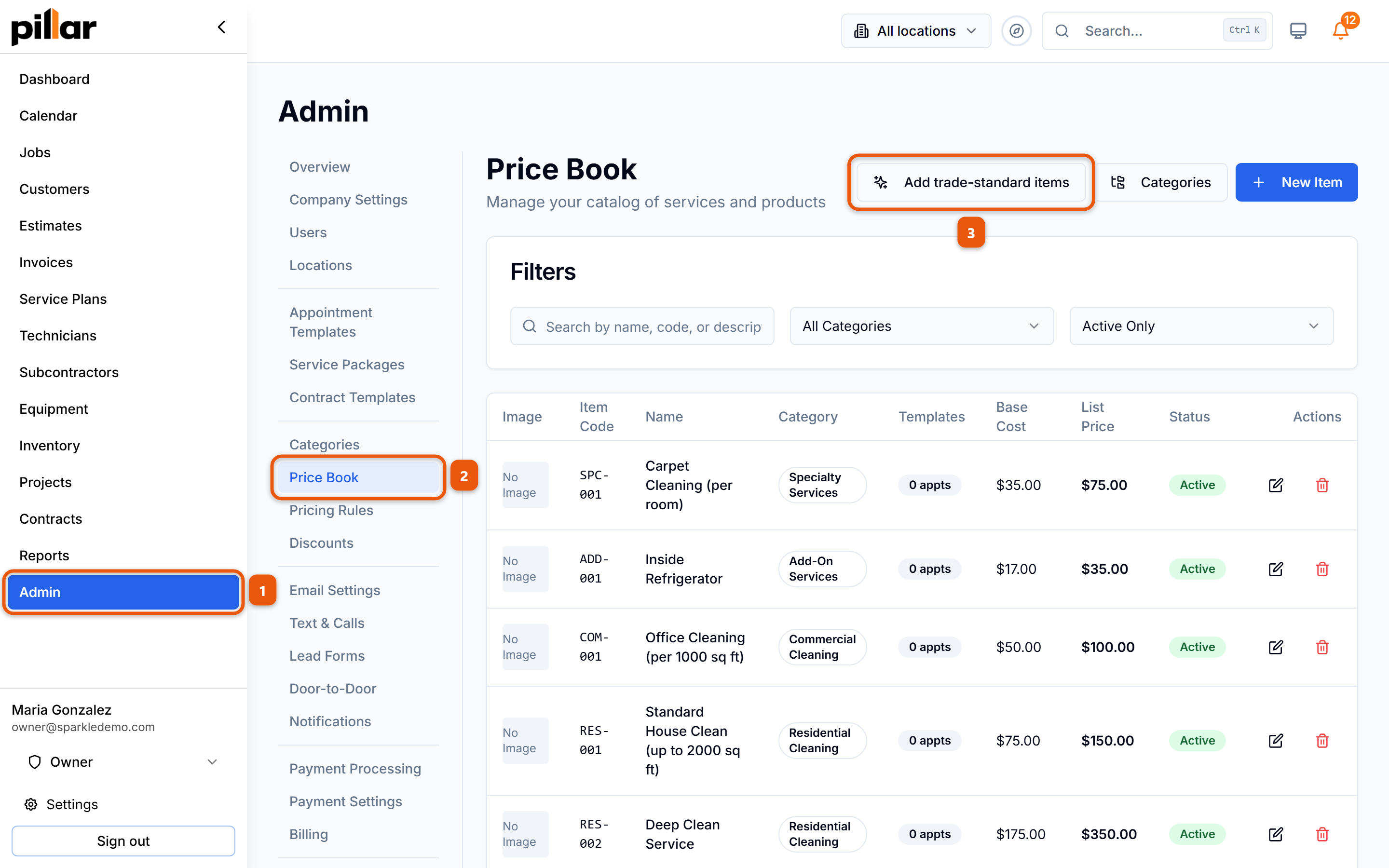 The Price Book page with the click path numbered: Admin in the left sidebar, Price Book in the admin menu, then the Add trade-standard items button