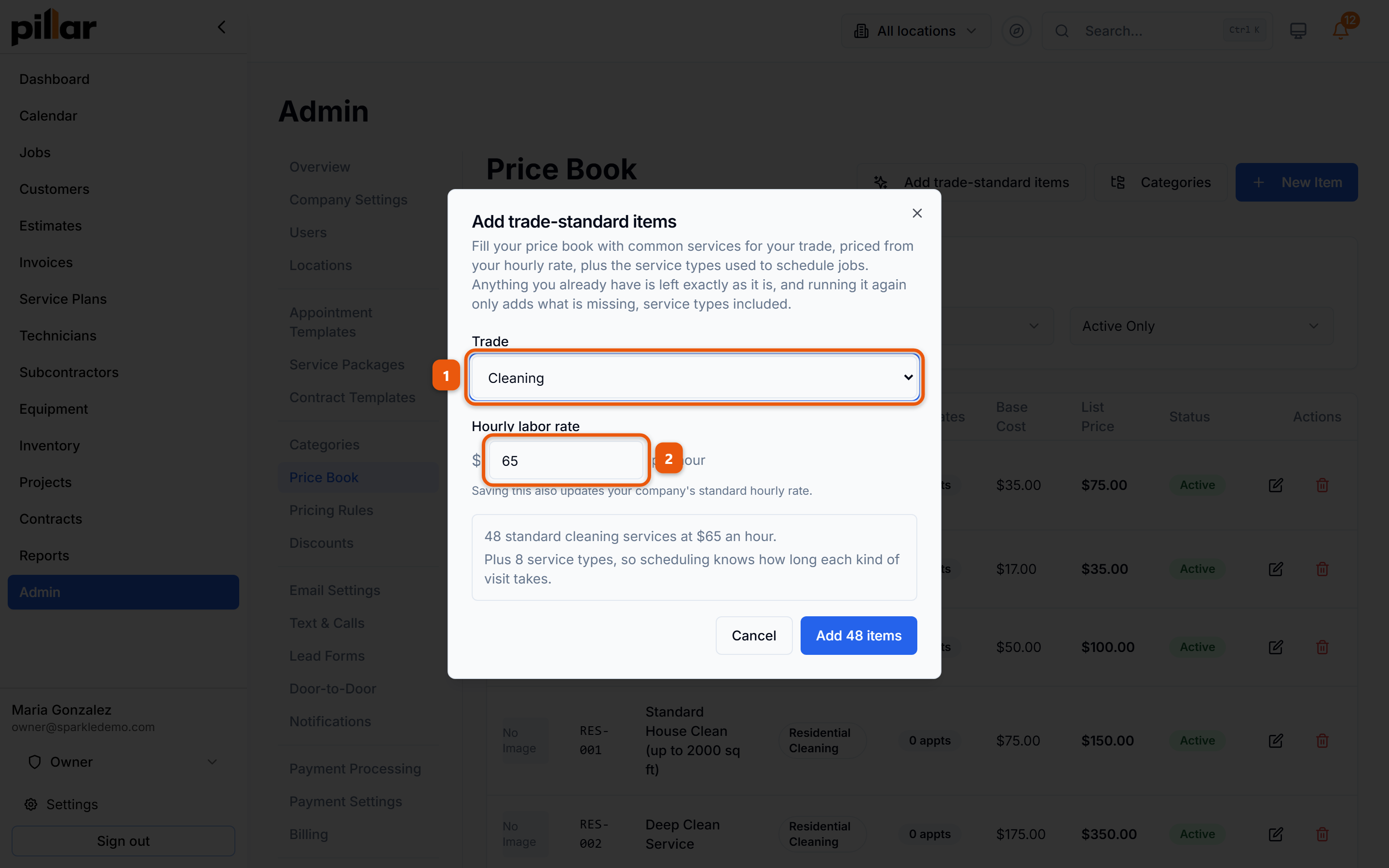 The Add trade-standard items dialog with the Trade dropdown numbered 1 and the Hourly labor rate field numbered 2, above the preview of what will be added