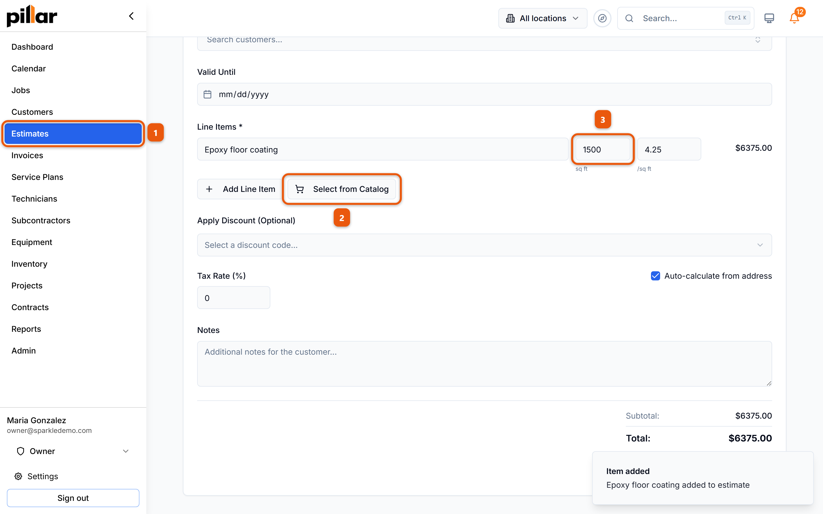 A new estimate with the click path numbered: Estimates in the sidebar, the Select from Catalog button, and the square footage box on the line item
