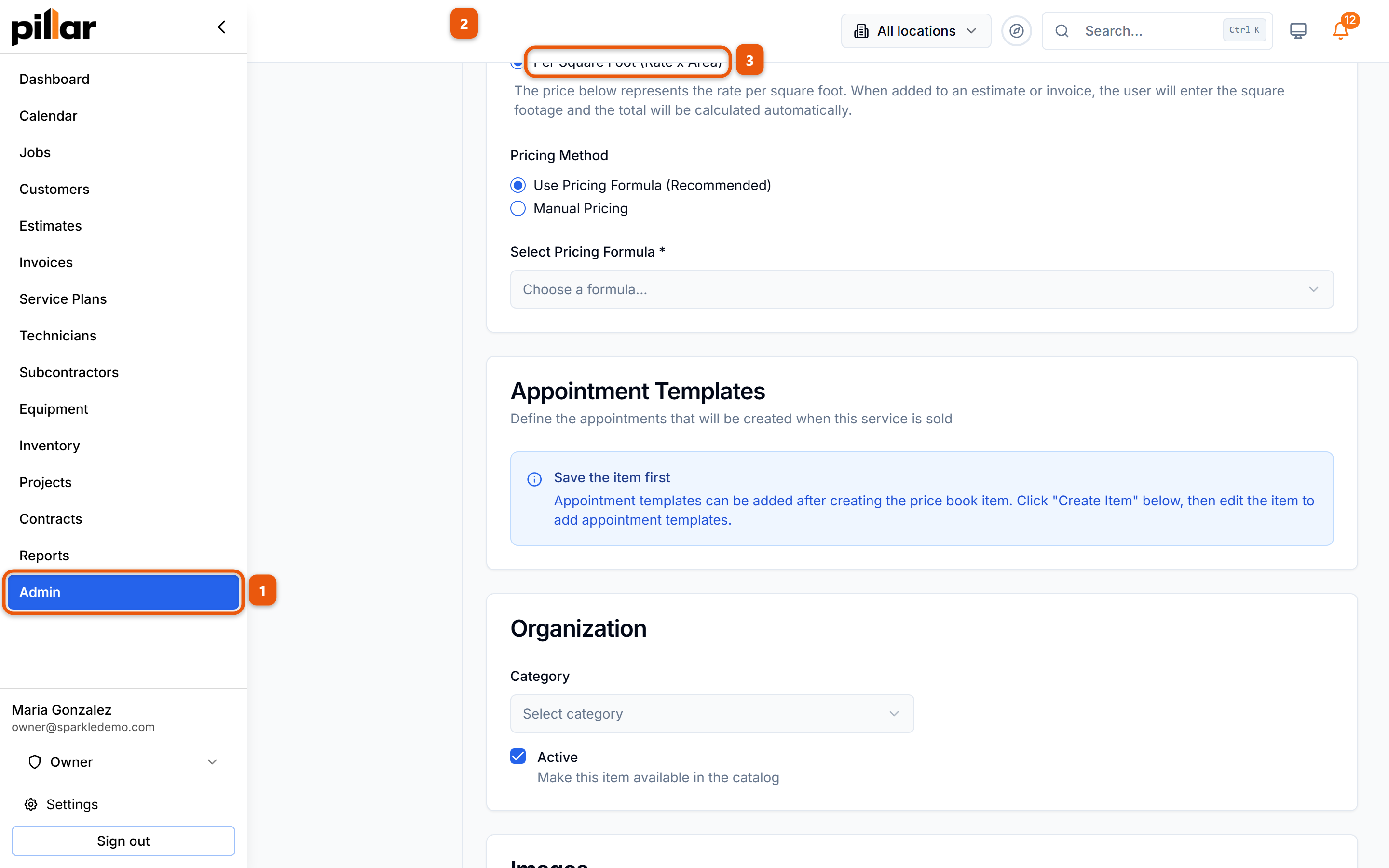 The new price book item form with the click path numbered: Admin in the sidebar, Price Book in the admin menu, then the Per Square Foot (Rate x Area) option in the Pricing card