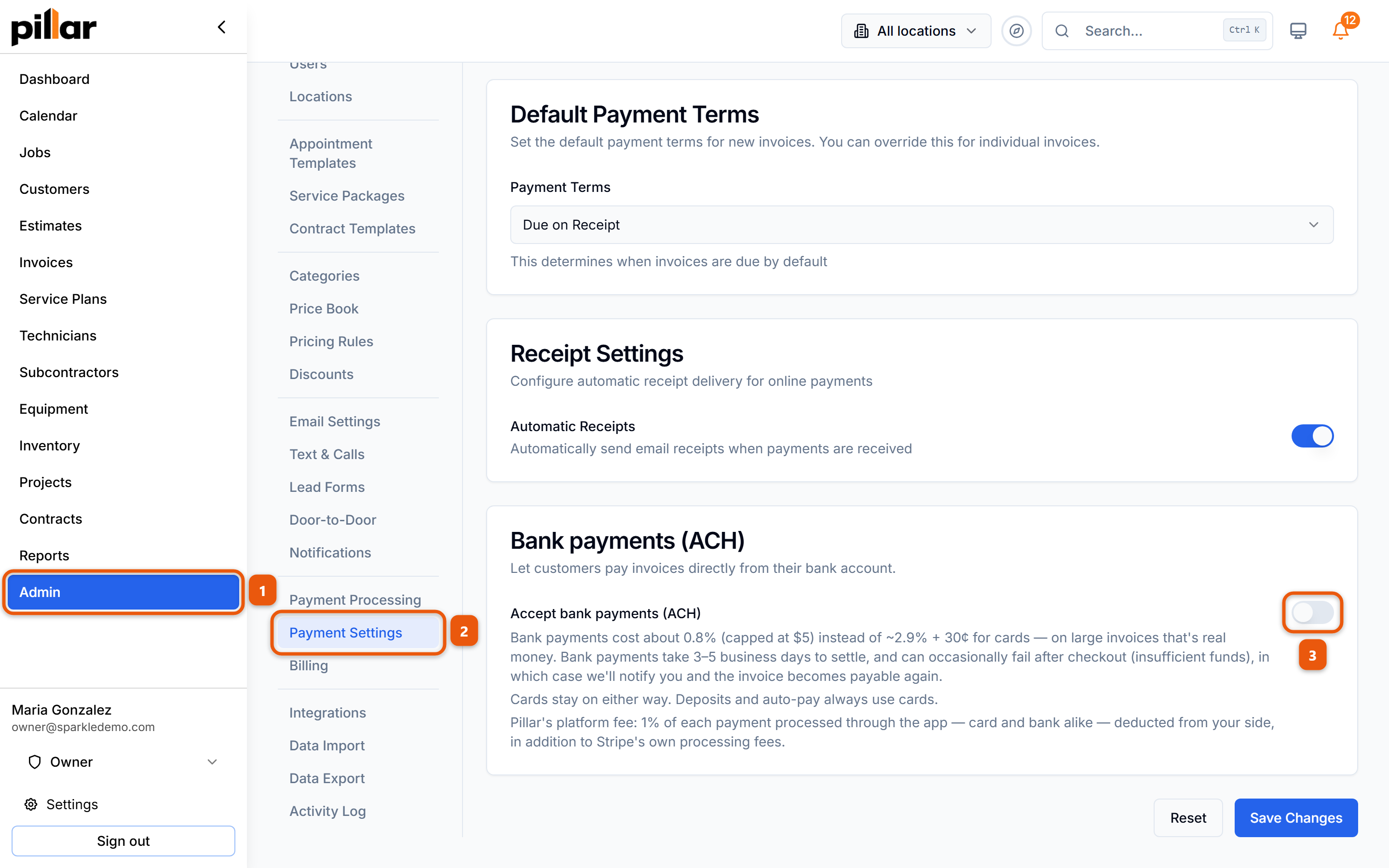 The Bank payments section of Payment Settings with the click path numbered: Admin, Payment Settings, then the accept bank payments switch
