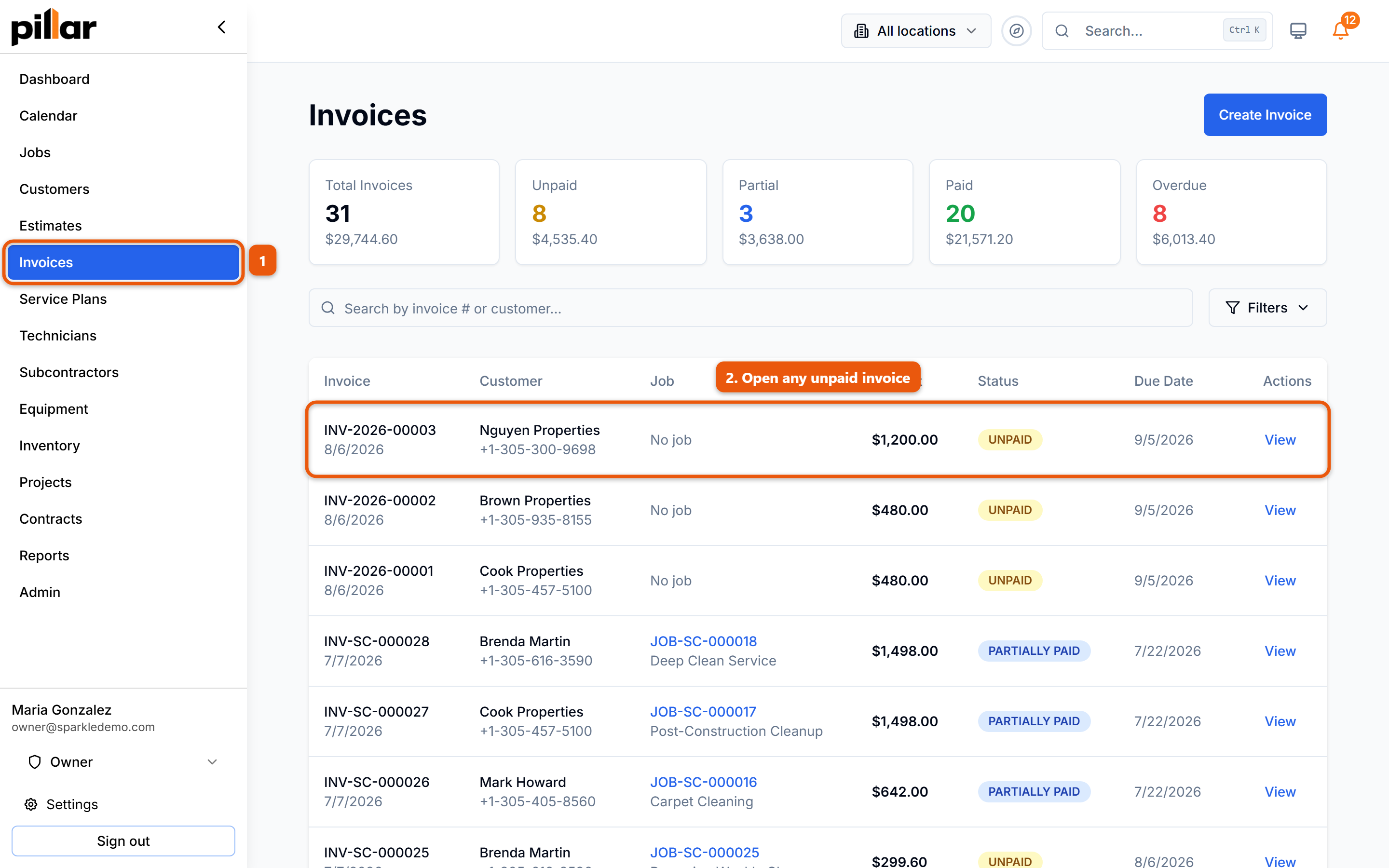 The invoices list with the Invoices sidebar item and an unpaid invoice row numbered