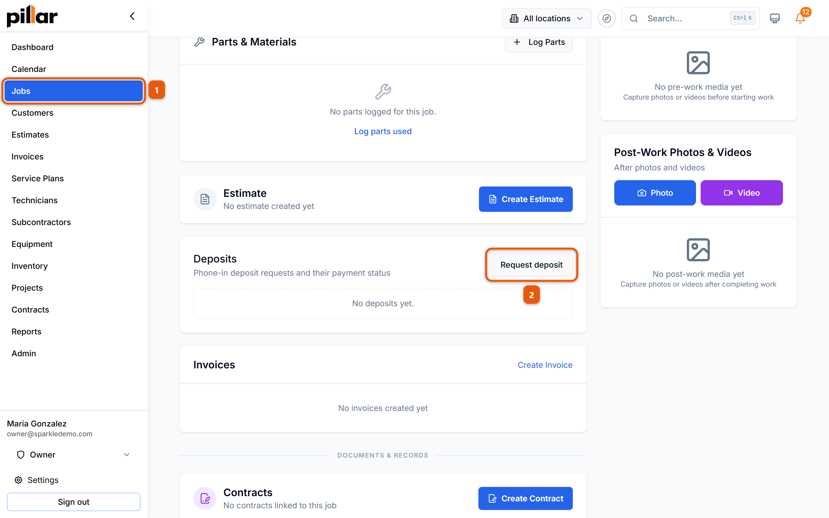 A job page with the click path numbered: Jobs in the left sidebar, then the Request deposit button on the Deposits card