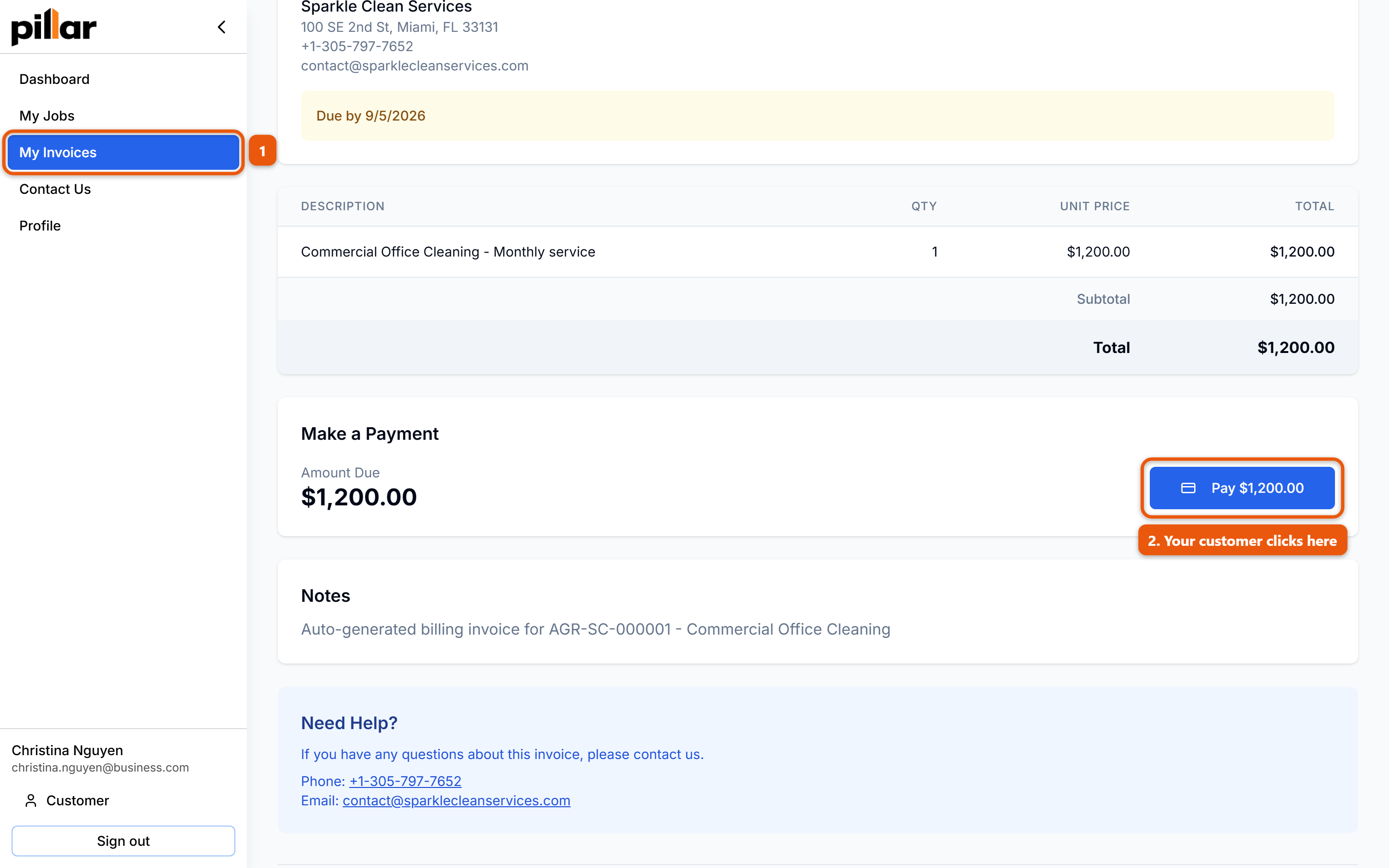 An invoice in the customer portal, with My Invoices in the sidebar and the Pay button in the Make a Payment section numbered
