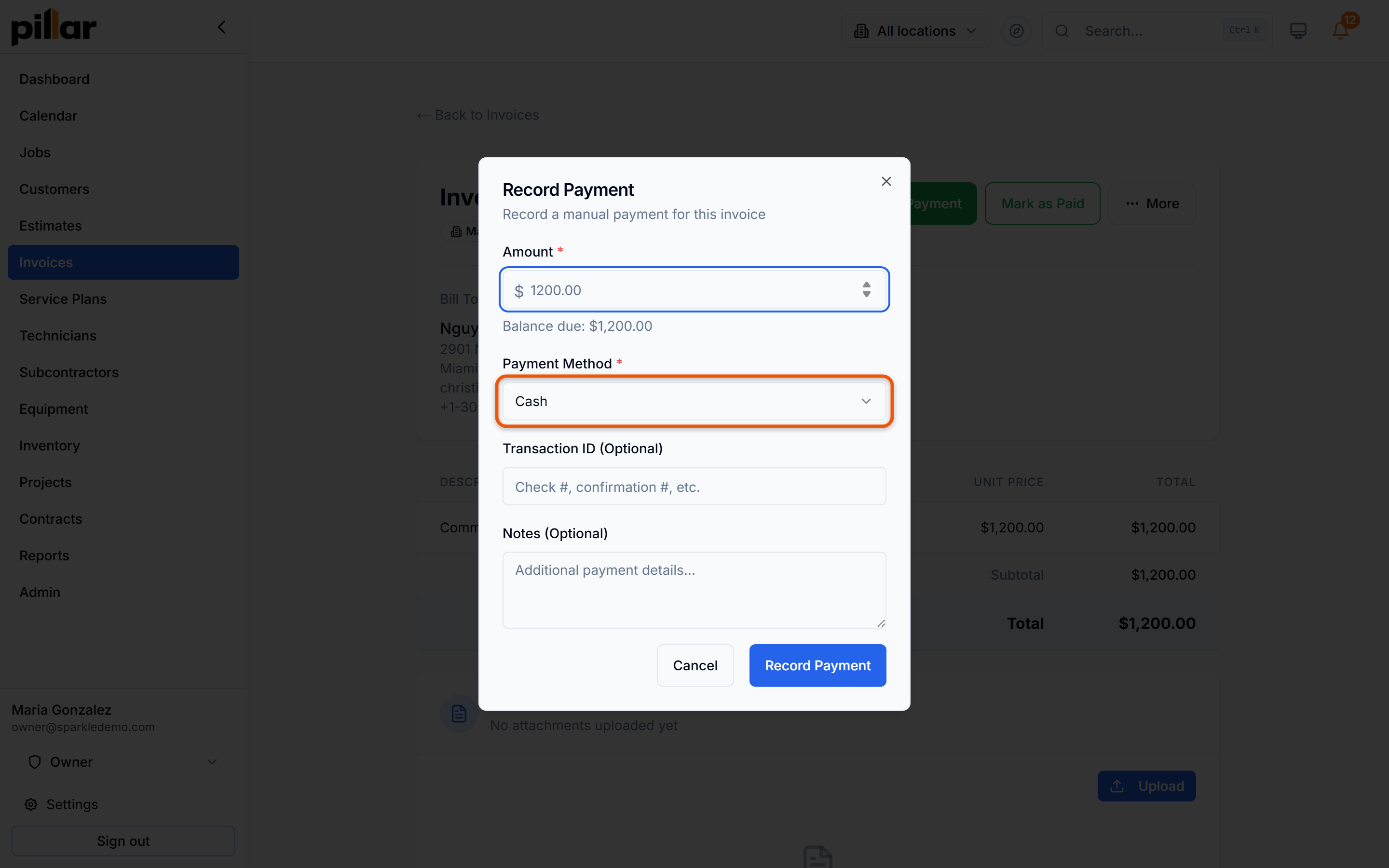 The Record Payment dialog with the payment method dropdown highlighted