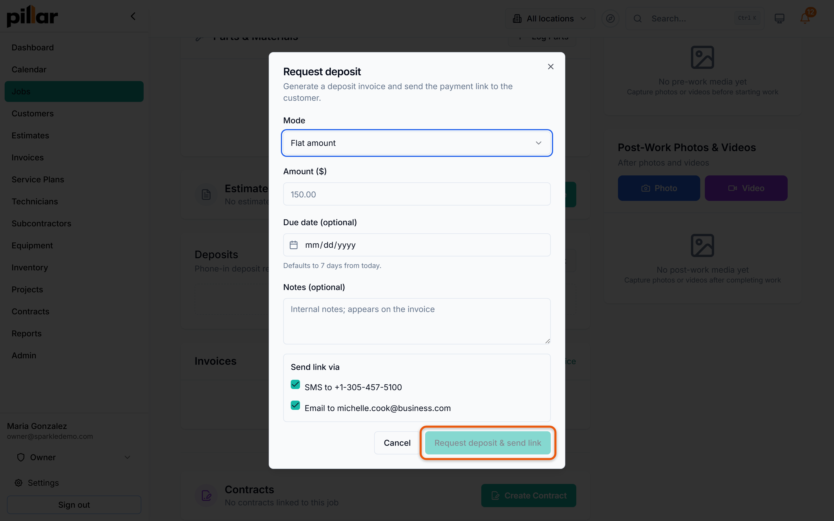 The Request deposit dialog on a job, showing the Mode dropdown, the amount field, and the Request deposit and send link button