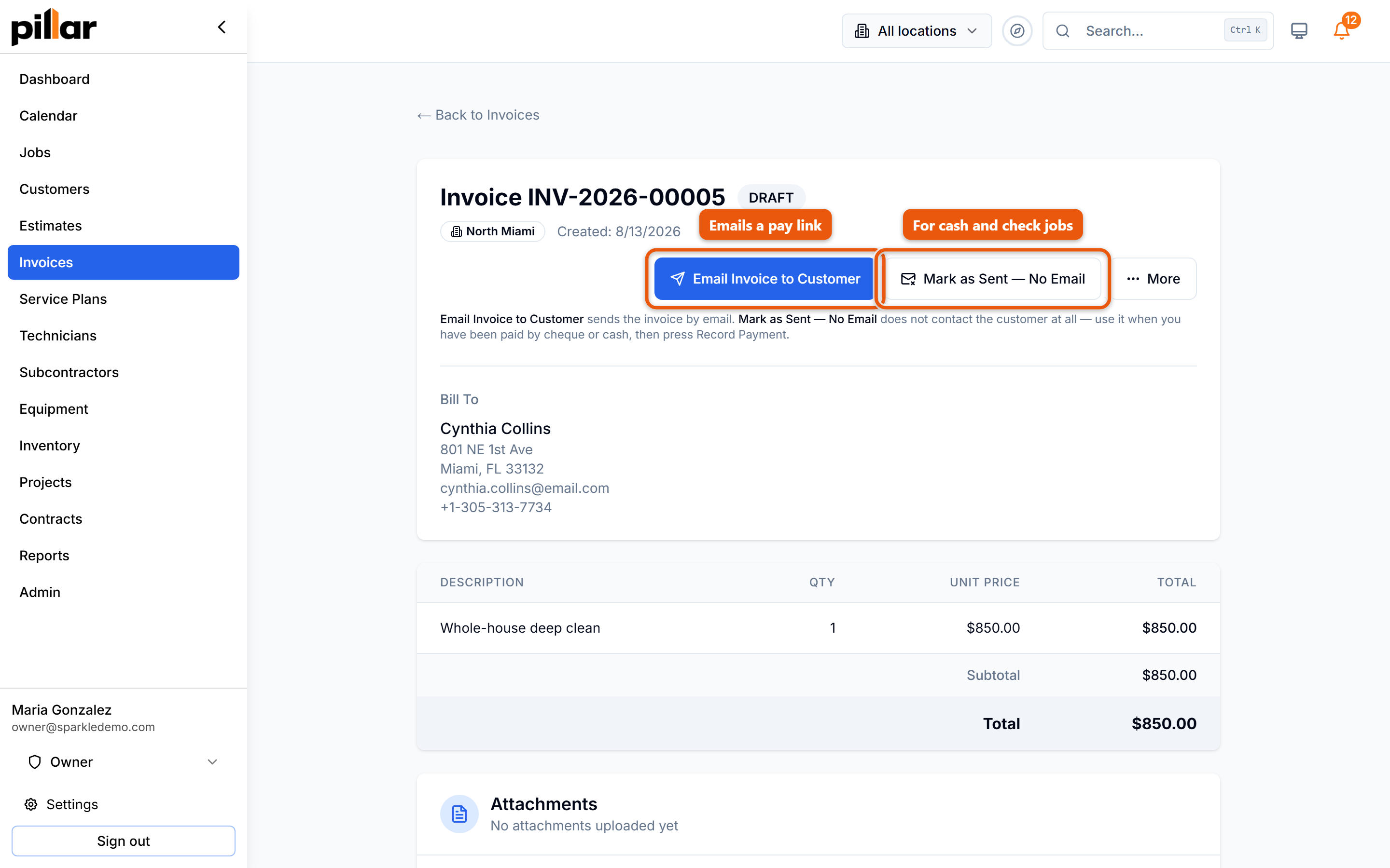 A draft invoice with the Email Invoice to Customer and Mark as Sent buttons highlighted