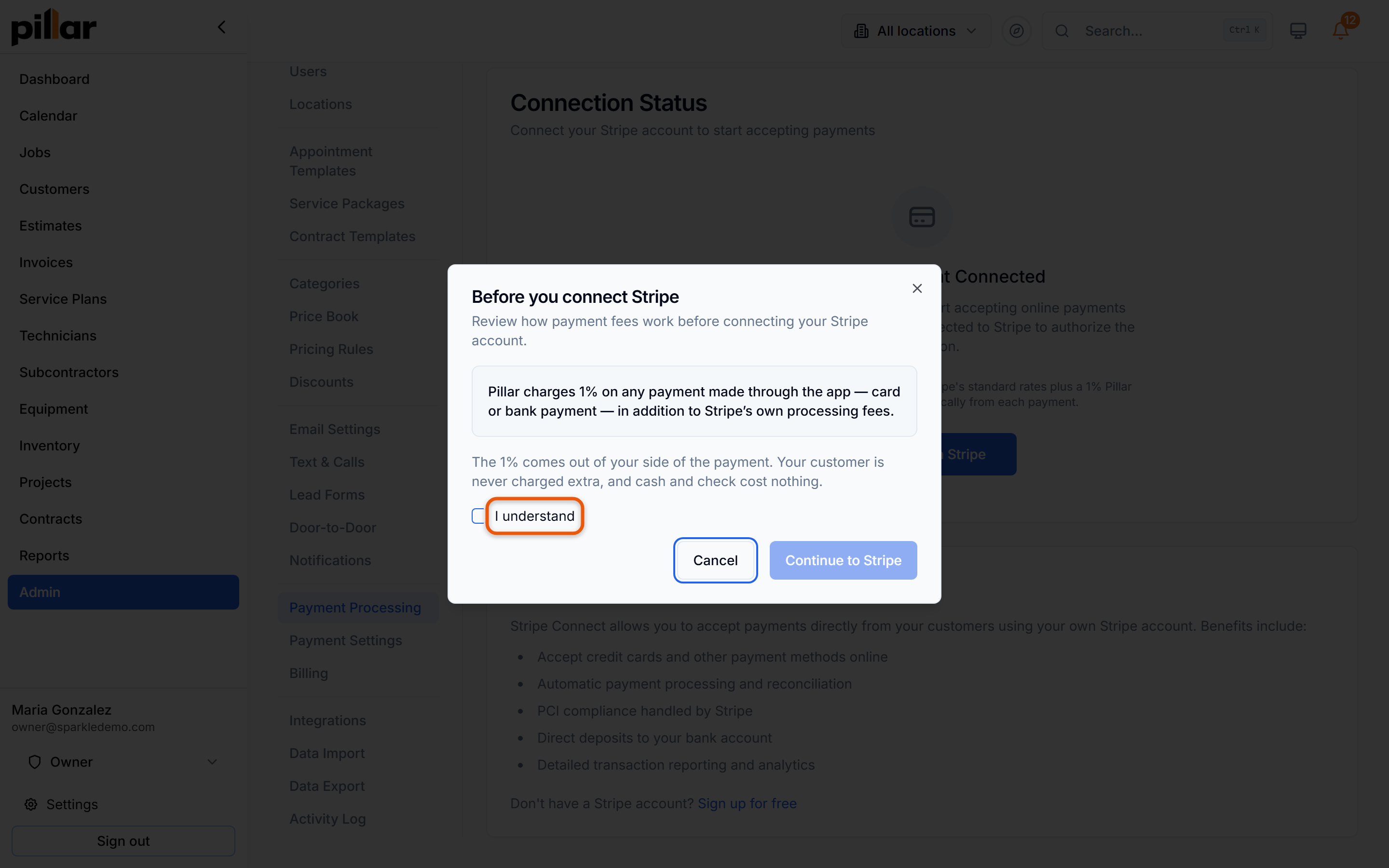 The fee review dialog shown before connecting Stripe, with the I understand checkbox highlighted