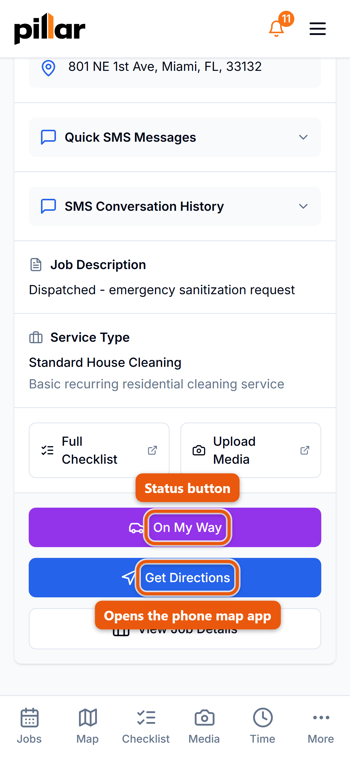 A job open on a phone, scrolled to the buttons at the bottom, with the status button and Get Directions highlighted