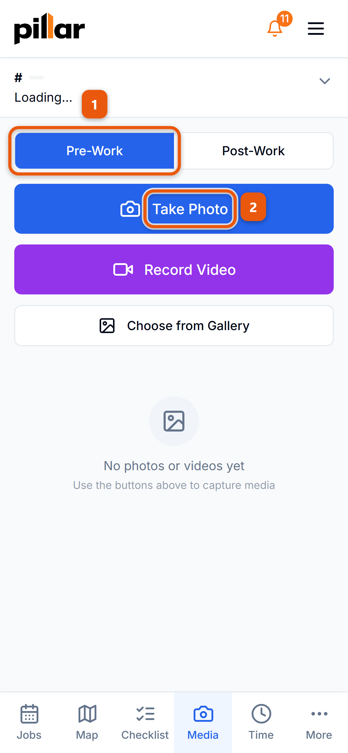 The tech media screen on a phone with the Pre-Work toggle and the Take Photo button numbered