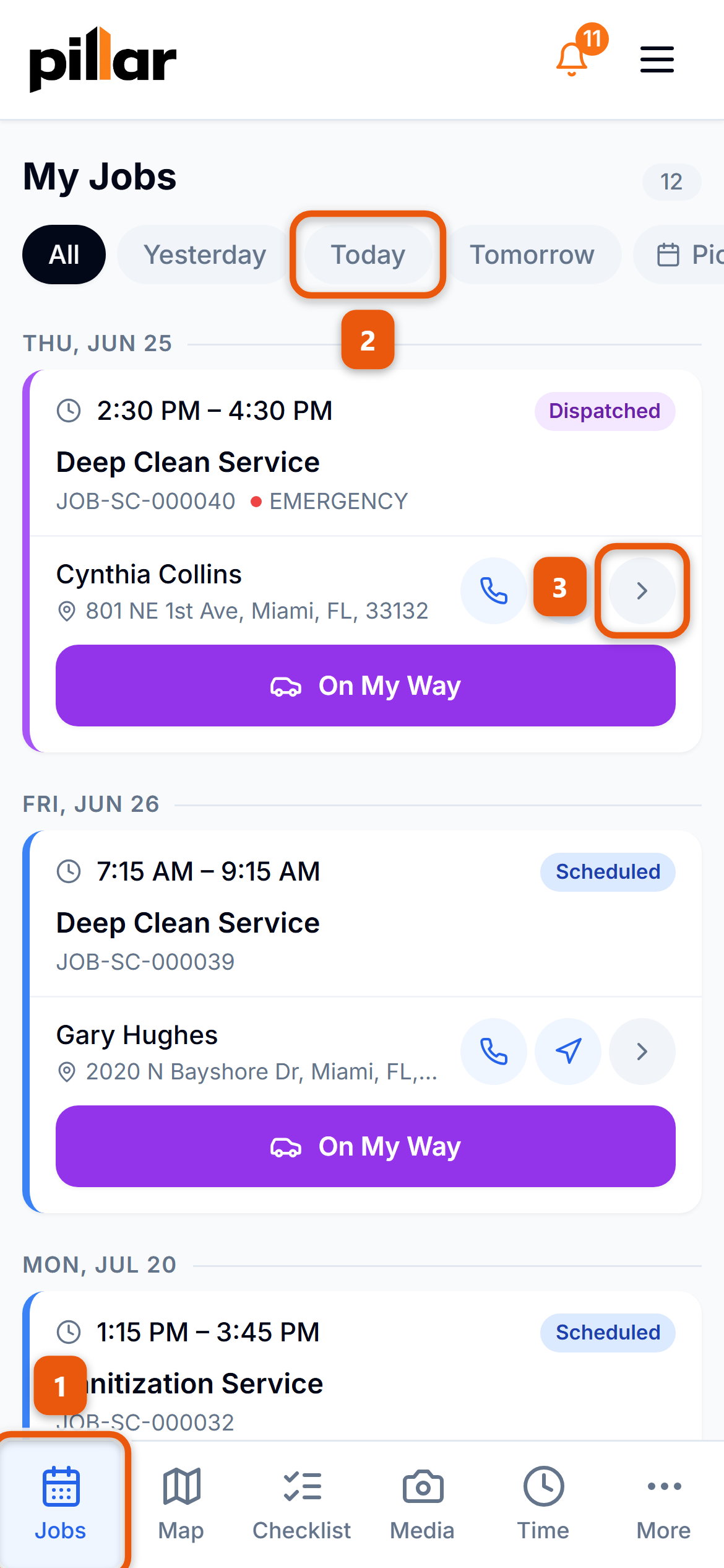 The My Jobs day list on a phone, with the Jobs tab in the bottom bar, the Today pill, and the arrow that opens a job all numbered