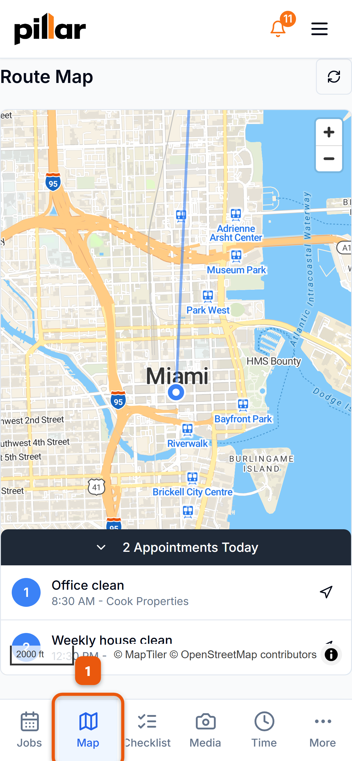 The Route Map screen on a phone showing numbered stops and the list of appointments for the day, with the Map tab in the bottom bar highlighted