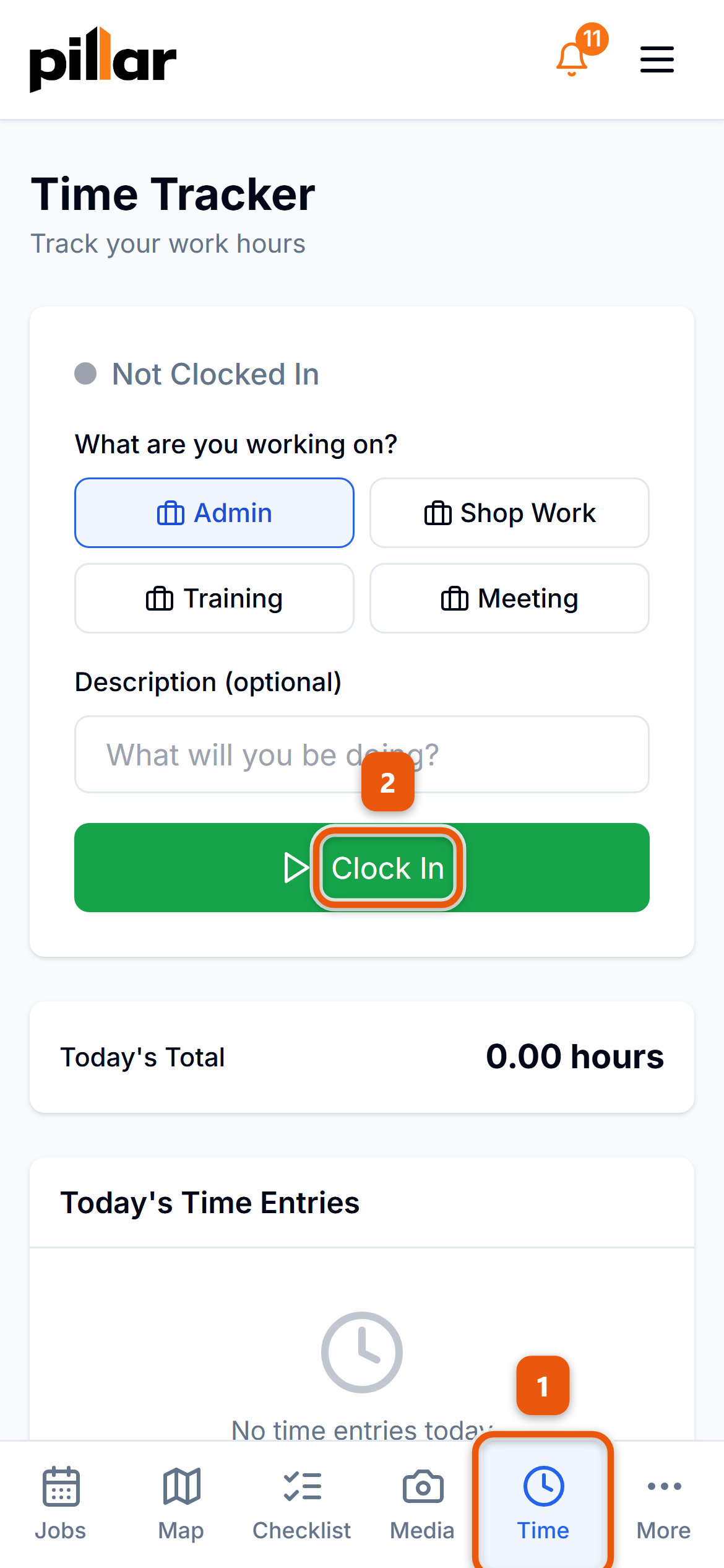 The Time Tracker screen on a phone with the Time tab in the bottom bar and the Clock In button numbered