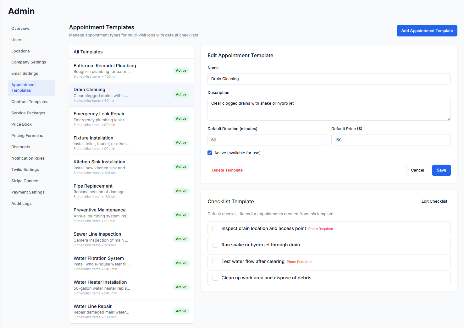 Appointment templates admin view showing reusable service templates with checklist items, default durations, and edit panel for configuring step-by-step checklists for common HVAC service types