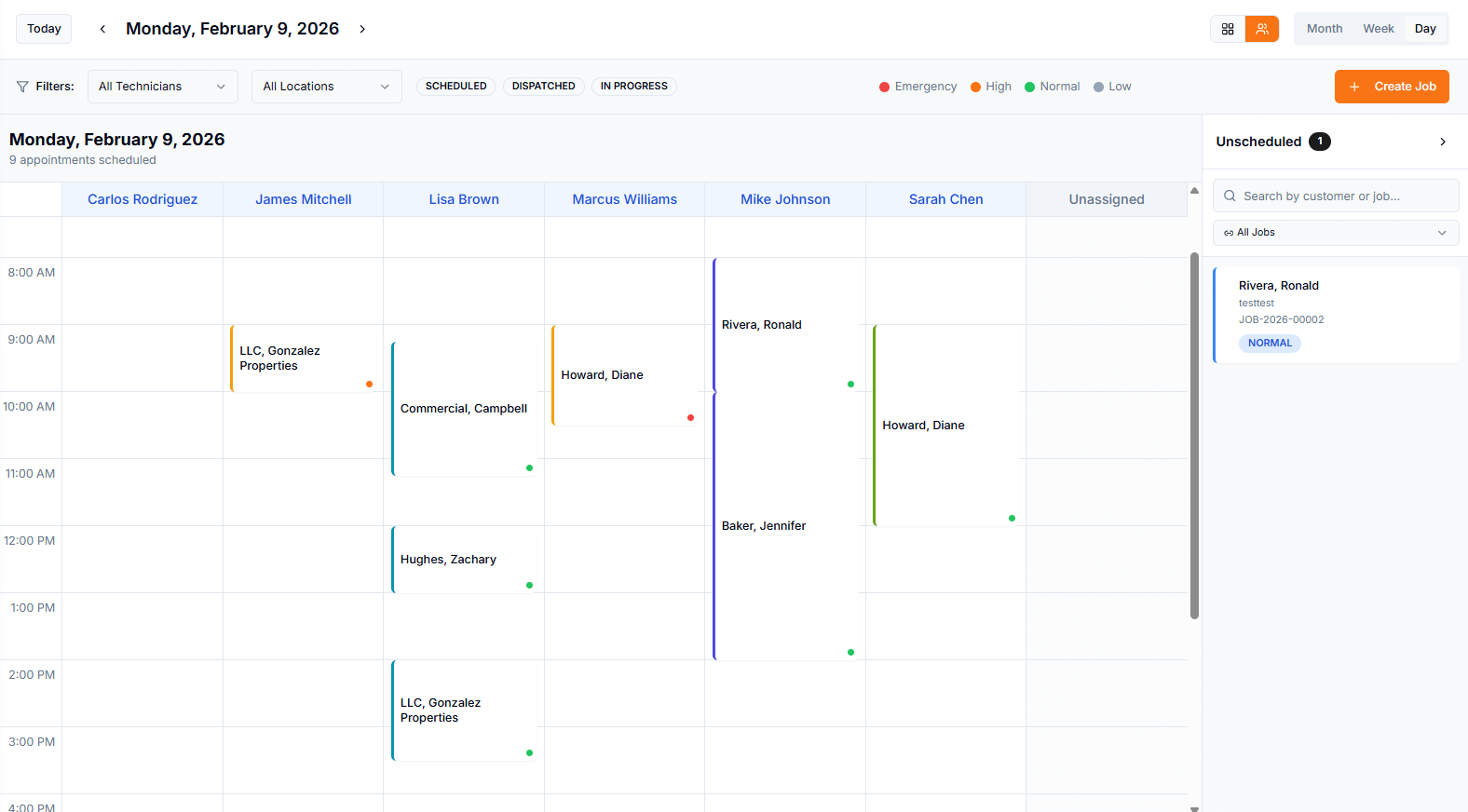 Day view calendar with technician columns showing color-coded appointments, status filters, priority indicators, and an unscheduled jobs sidebar