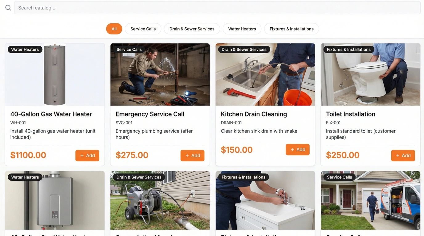 Pillar price book catalog showing categorized services with photos, descriptions, item codes, and prices — browsable by technicians on any device