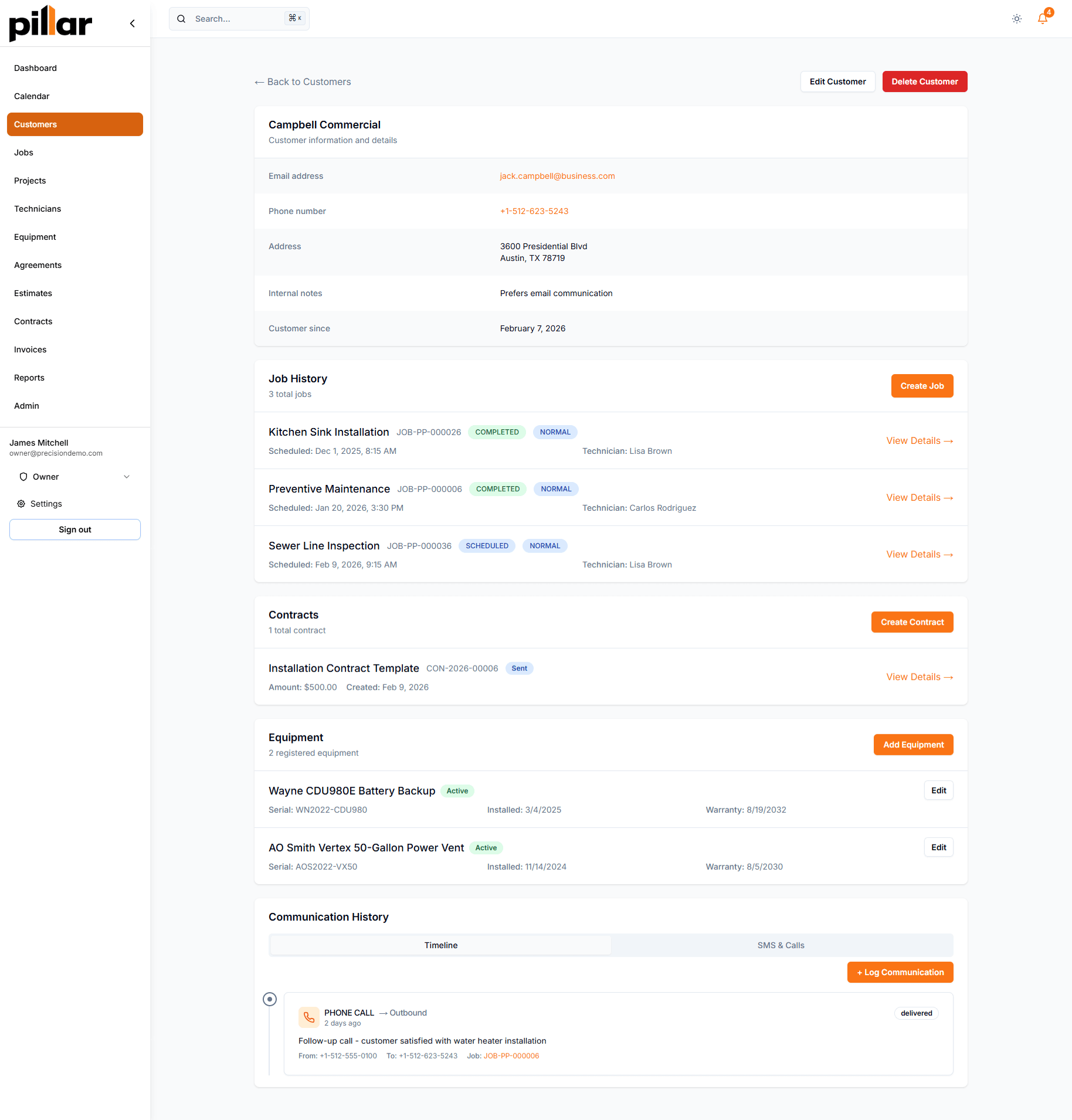 Complete customer record showing contact details, job history with status badges, contracts, equipment with warranty dates, and communication timeline