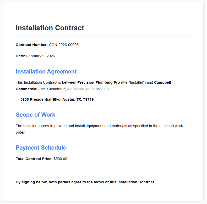 Rendered contract document showing Installation Contract with variable substitution for contract number, date, company names, address, scope of work, and payment schedule
