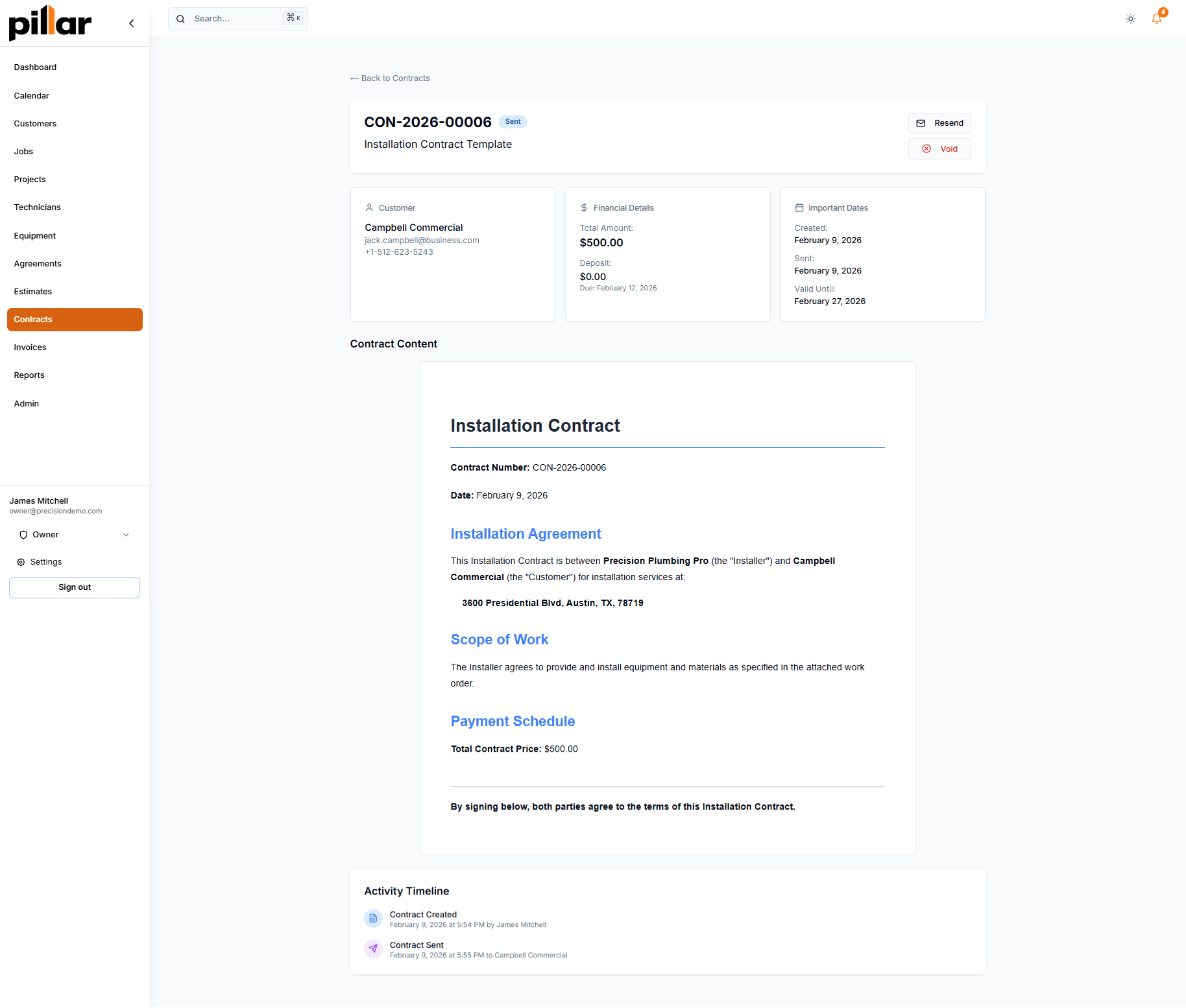 Contract detail page showing CON-2026-00006 with customer info, financial details, contract content with variable substitution, and activity timeline