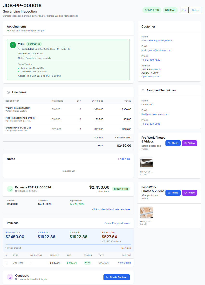 Job detail view showing technician assignment, priority level, appointment timeline, and line items