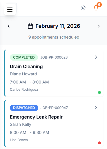 Mobile view of a technician's daily schedule showing appointment times, job titles, customer names, and color-coded status badges for completed and dispatched jobs.