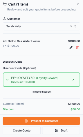 Mobile quote builder showing a cart with line items, applied discount code, subtotal and discount breakdown, and action buttons to present to customer or save as draft.