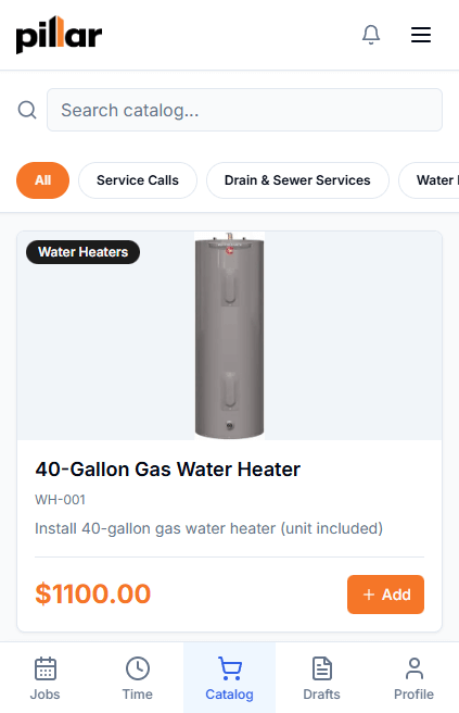 Mobile view of the Pillar catalog showing a water heater product with photo, description, price, and Add button