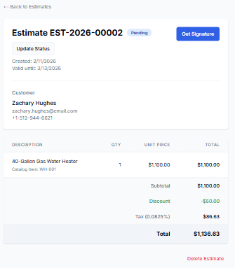 Pillar mobile estimate preview showing line items and totals on a phone screen
