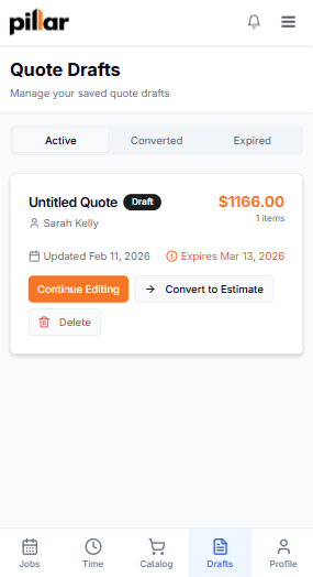 Mobile quote drafts screen showing saved draft with Convert to Estimate action