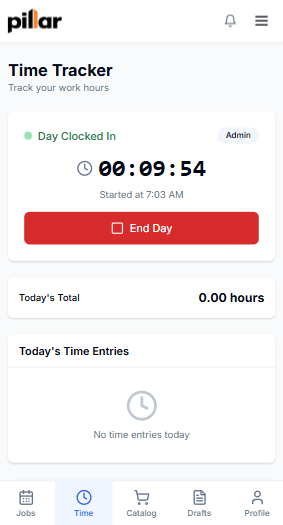Mobile time tracker showing clock-in and clock-out for a landscaping crew member with daily hour totals and time entry history