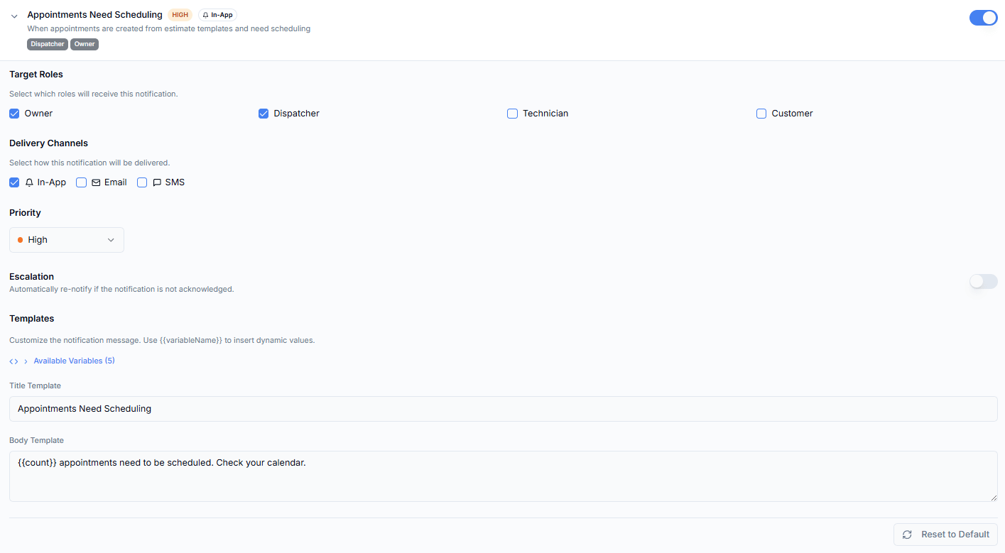 Notification rule detail editor showing target roles (Owner, Dispatcher), delivery channels (In-App, Email, SMS), priority selector set to High, escalation toggle, and customizable title and body templates with variable substitution