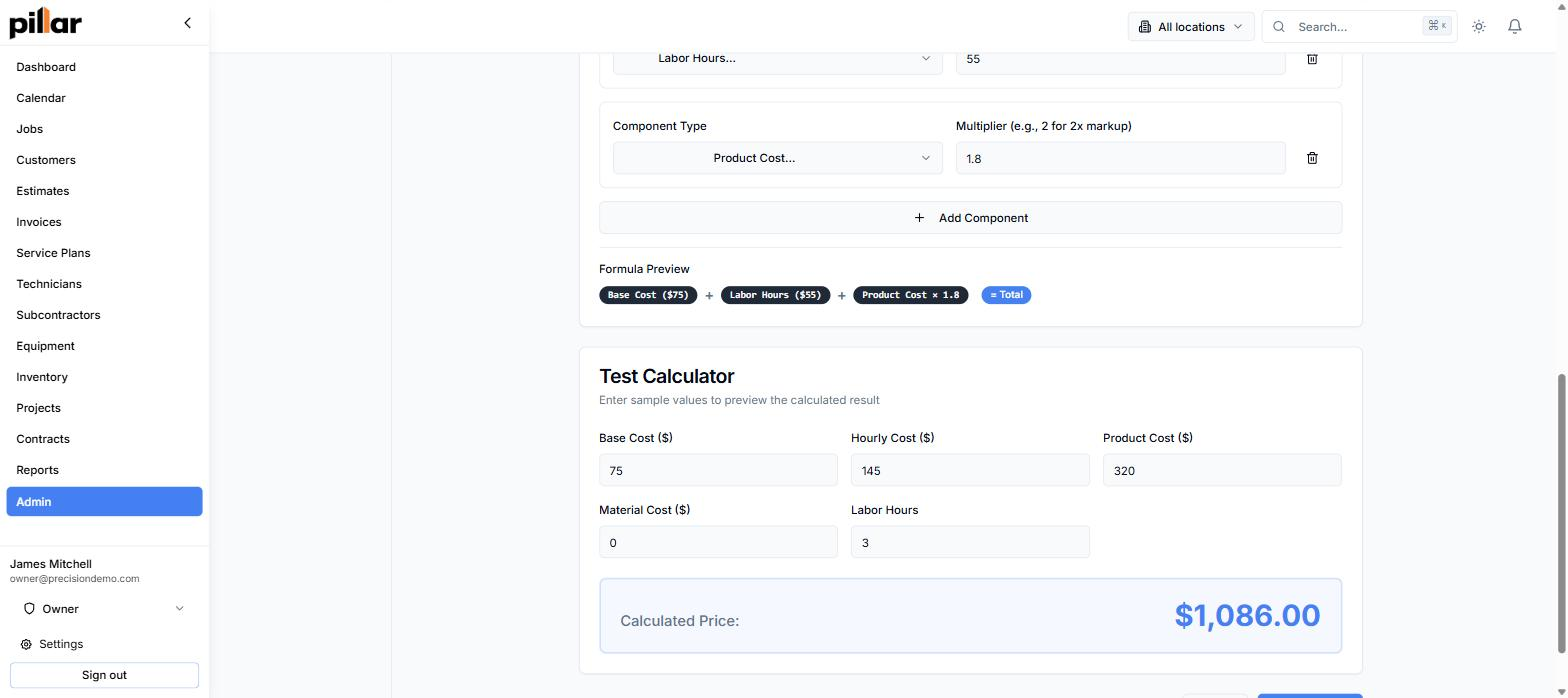 Pricing formula editor with base cost, labor hours, and product cost components, and a test calculator turning three labor hours and $320 of materials into a $1,086 list price