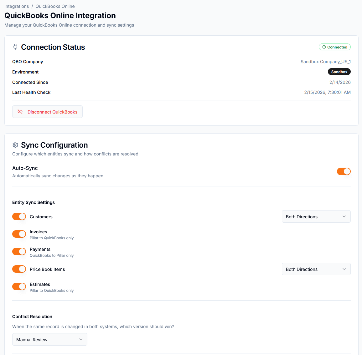 QuickBooks Online integration settings showing connected status, sync configuration with per-entity toggles for customers, invoices, payments, price book items, and estimates, plus conflict resolution controls