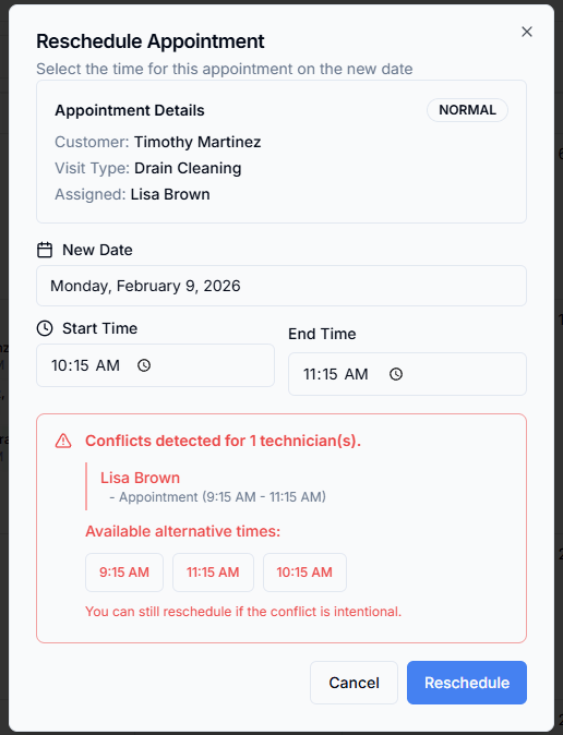 Reschedule appointment dialog showing conflict detection for technician Lisa Brown with alternative available times suggested automatically