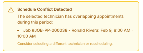 Pillar scheduling dialog showing a conflict warning when a technician already has an overlapping appointment