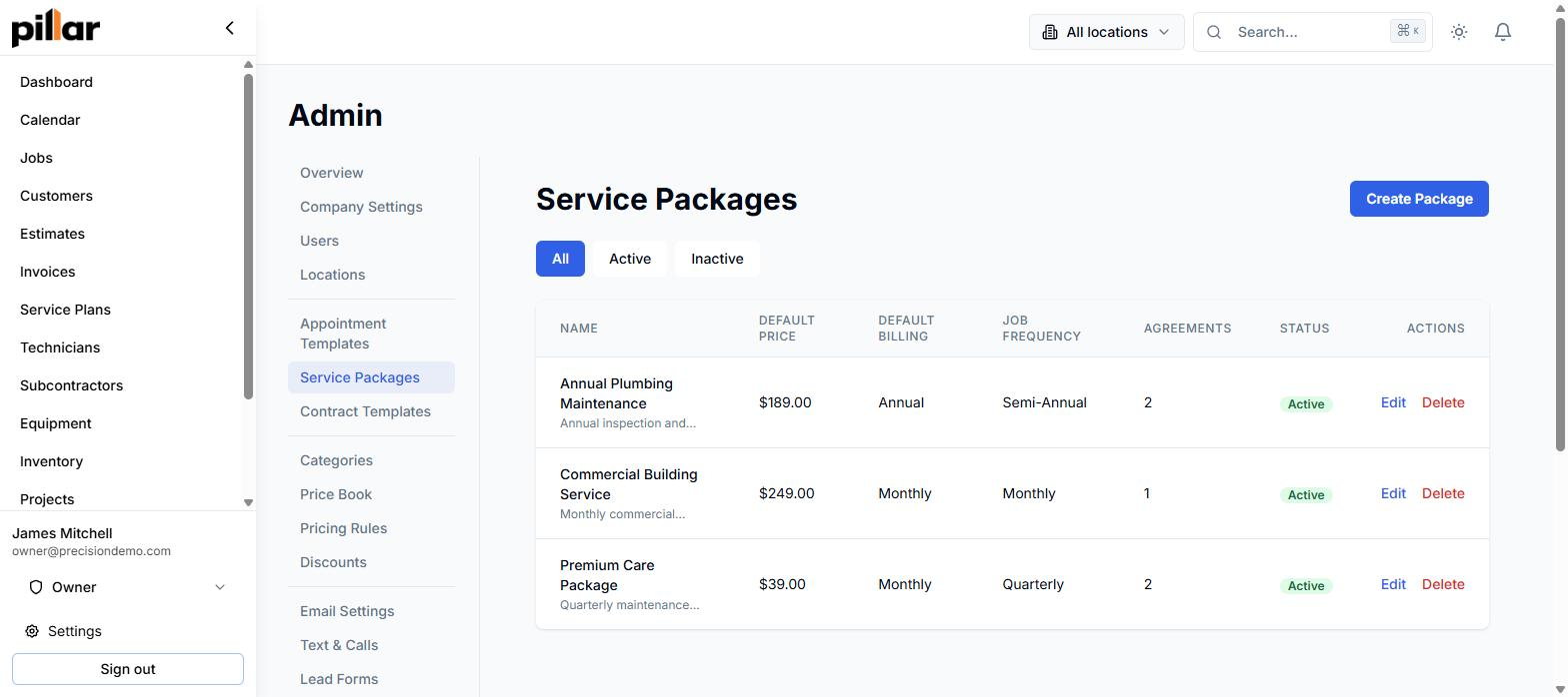 Service package list showing three maintenance plans, each with its default price, billing cycle, visit frequency, and the number of agreements running on it