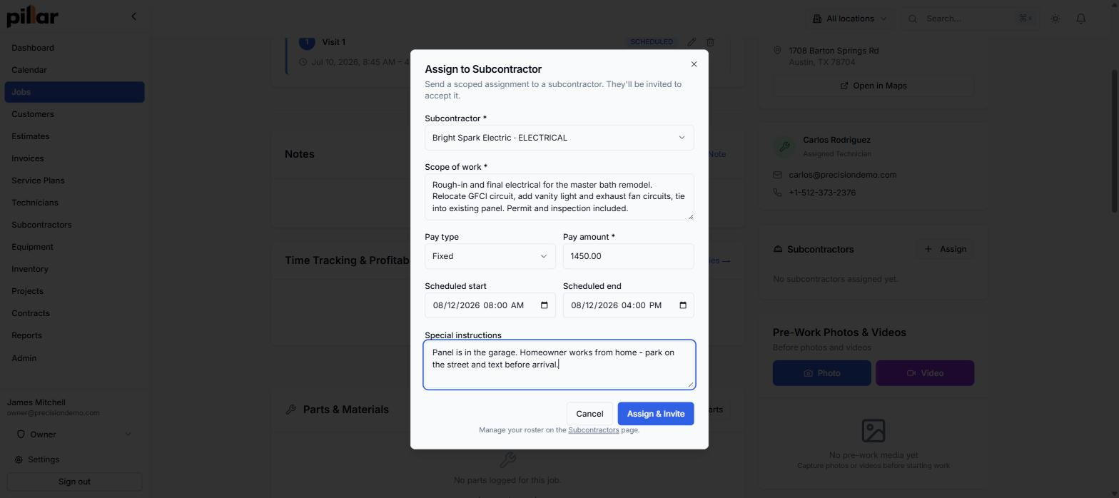 Assignment dialog sending an electrical subcontractor a scoped bathroom remodel job with a fixed $1,450 pay amount, an 8am to 4pm time window, and special site instructions