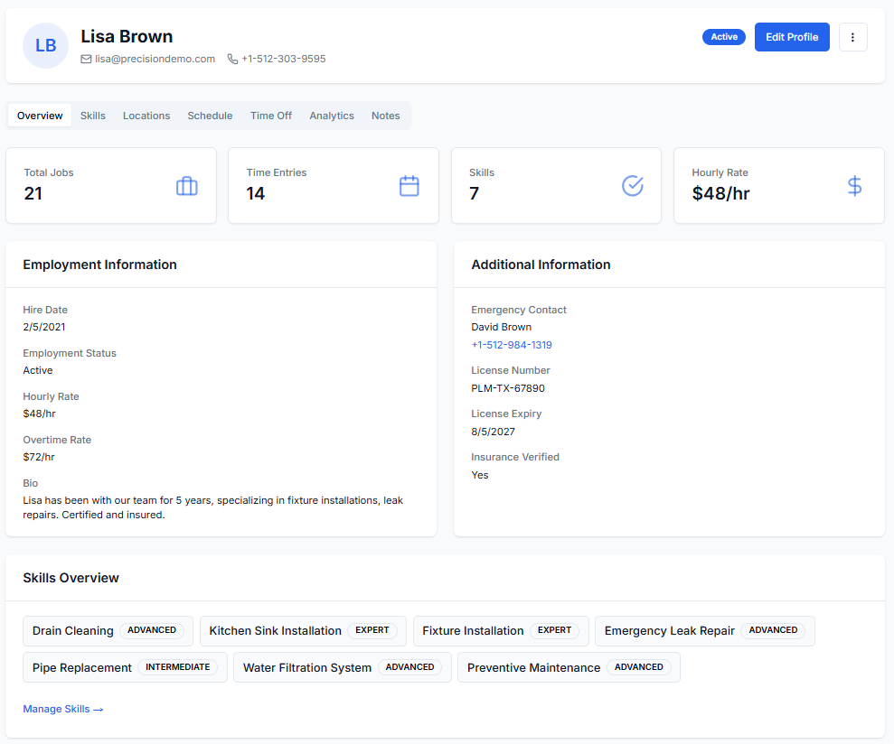 Technician profile showing license number, certification expiration dates, skill levels for residential and commercial electrical work, and a weekly schedule with assigned service locations