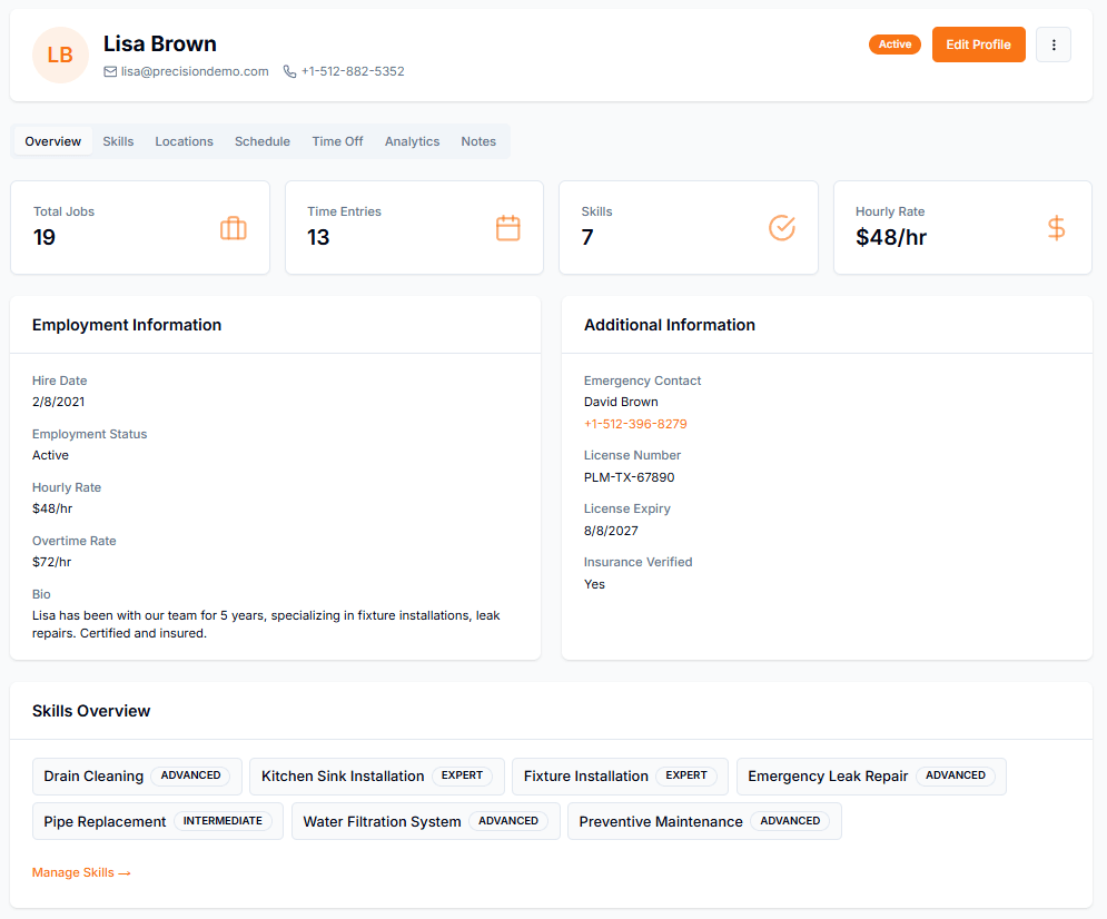 Technician profile showing employment details, hourly rates, skills overview with proficiency levels, and quick-access tabs for schedule, locations, time off, analytics, and notes