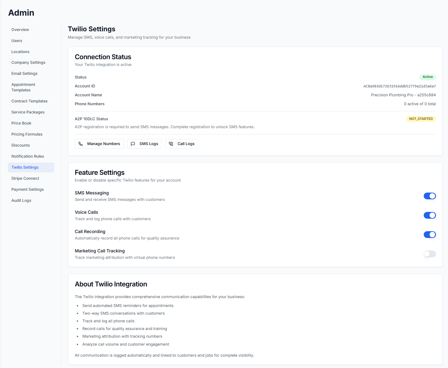 Twilio integration settings showing active connection, feature toggles for SMS, voice, recording, and marketing tracking