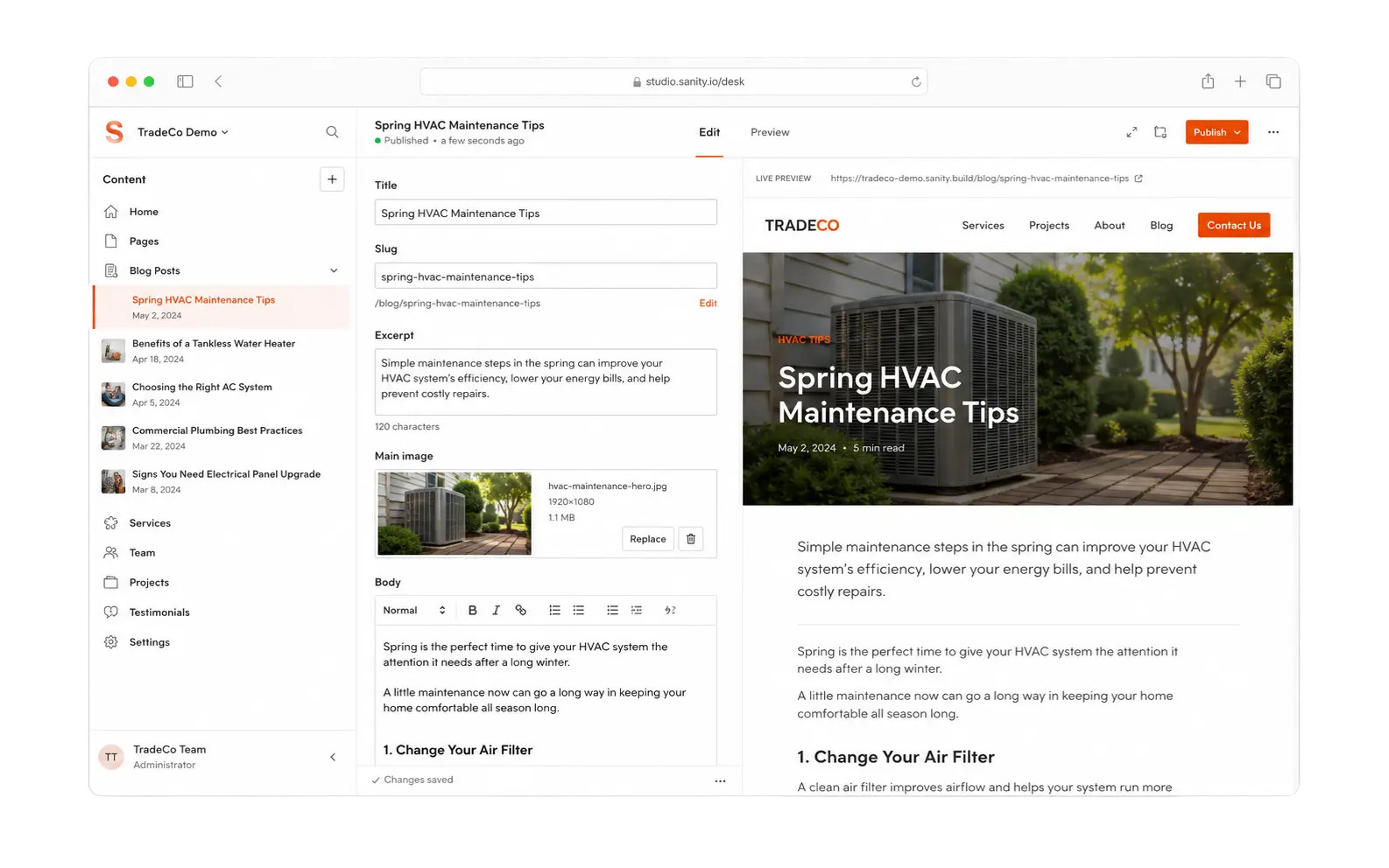 The Sanity Studio editor showing a blog post being edited on the left with a matching live preview of the published page on the right