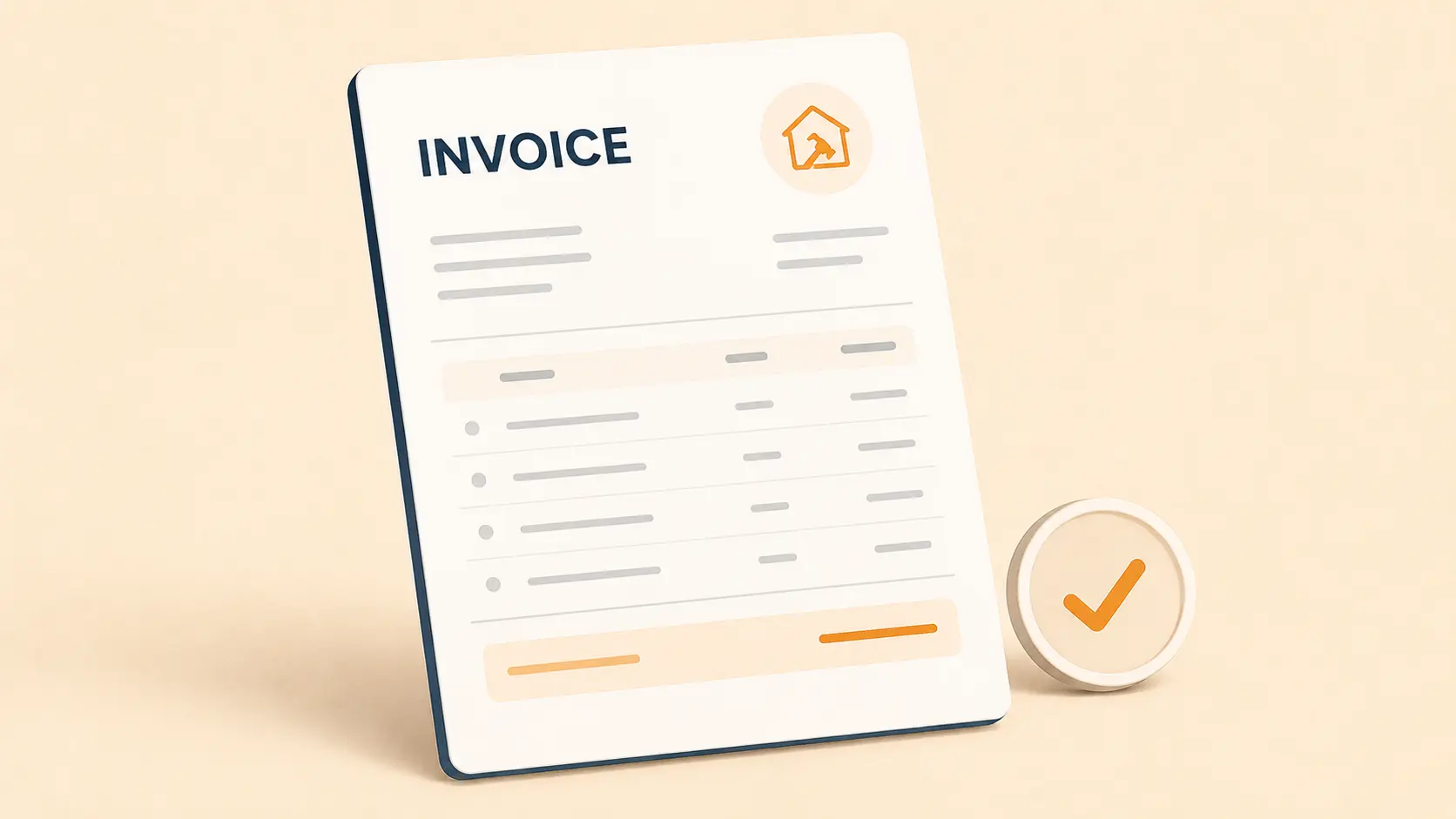 Illustration of a contractor invoice with itemized line items, a highlighted total row, and a payment check mark badge.